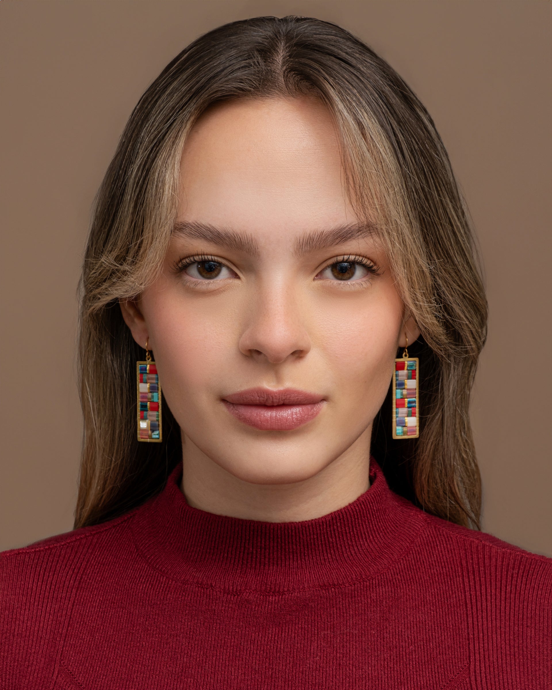 Beaded Handwoven Mosaic Tila and Brass Earrings - Lilac/Mustard