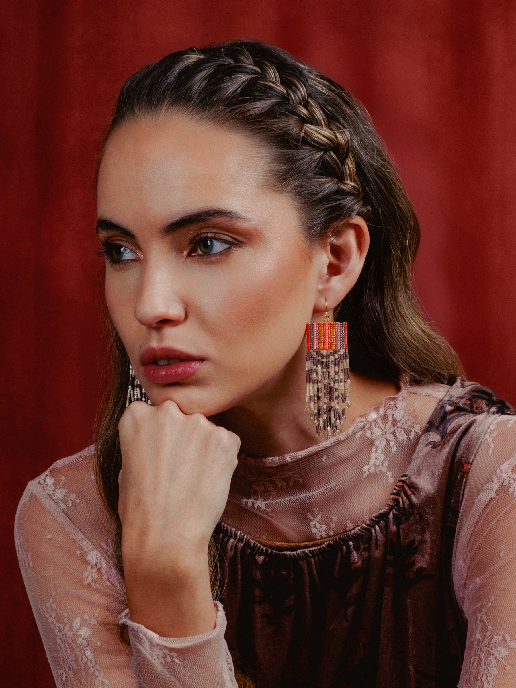 Beaded Handwoven Damask Fringe Earrings - Lilac