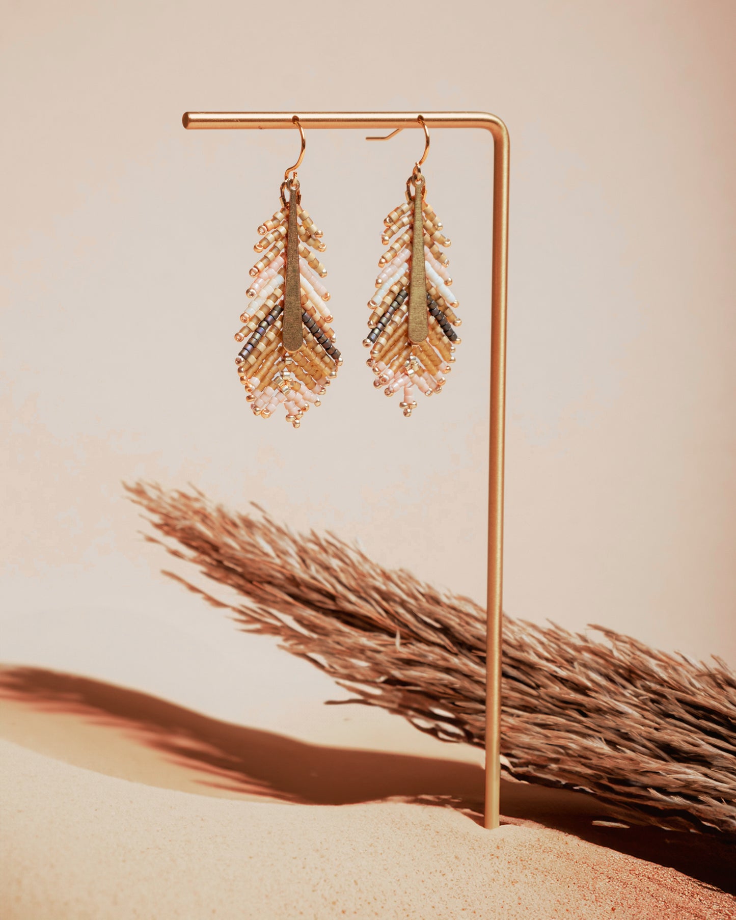 Beaded Handwoven Gilded Feather Earrings