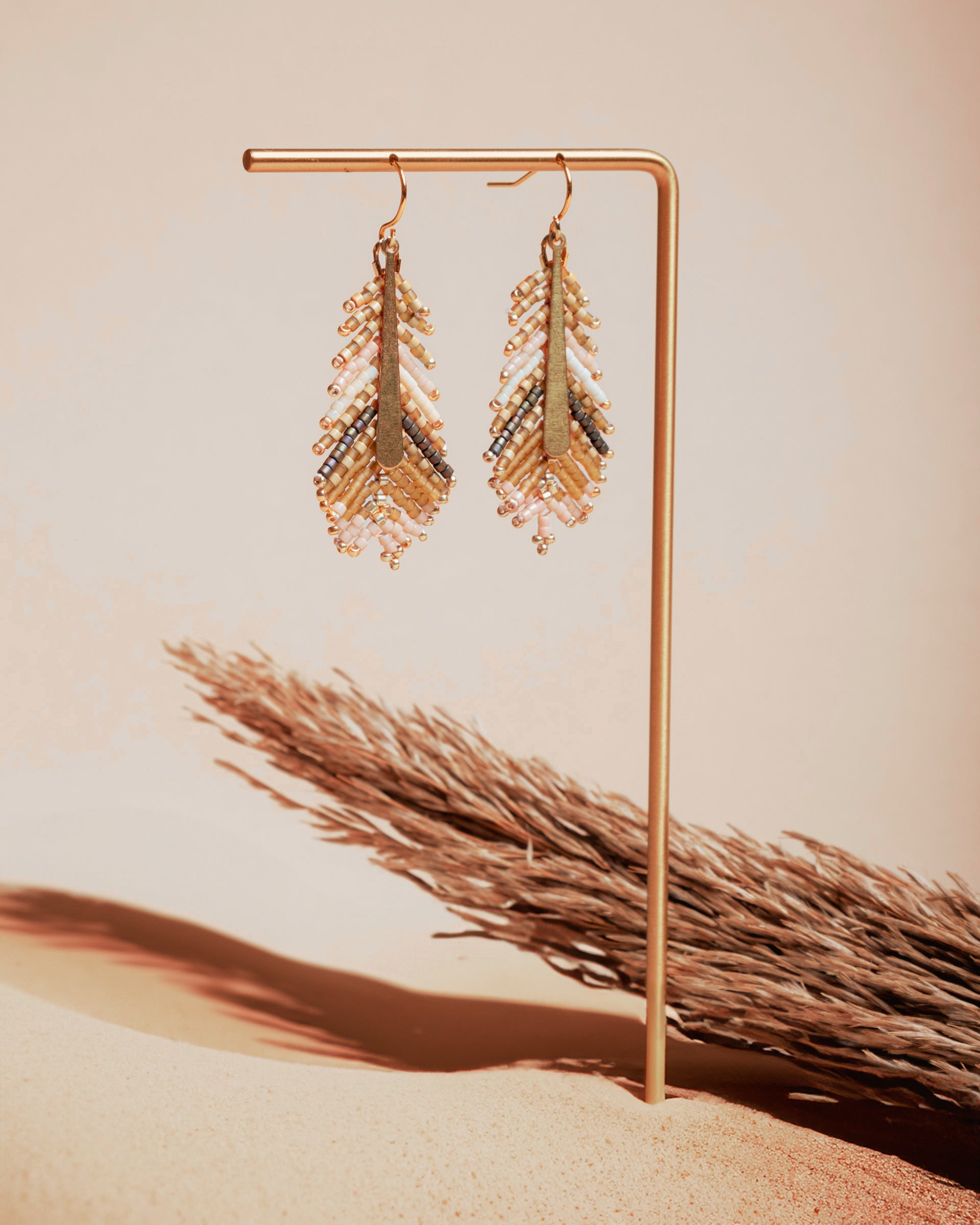 Beaded Handwoven Gilded Feather Earrings - Peach/Tan