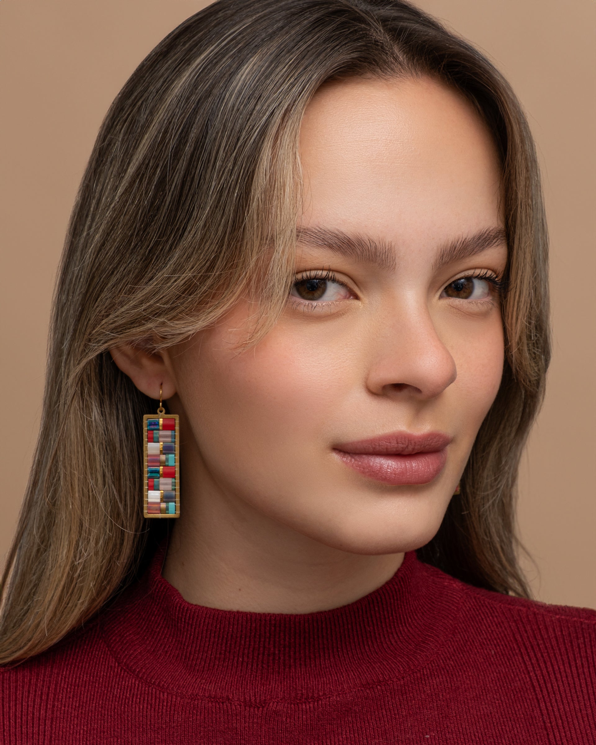 Beaded Handwoven Mosaic Tila and Brass Earrings - RedAqua