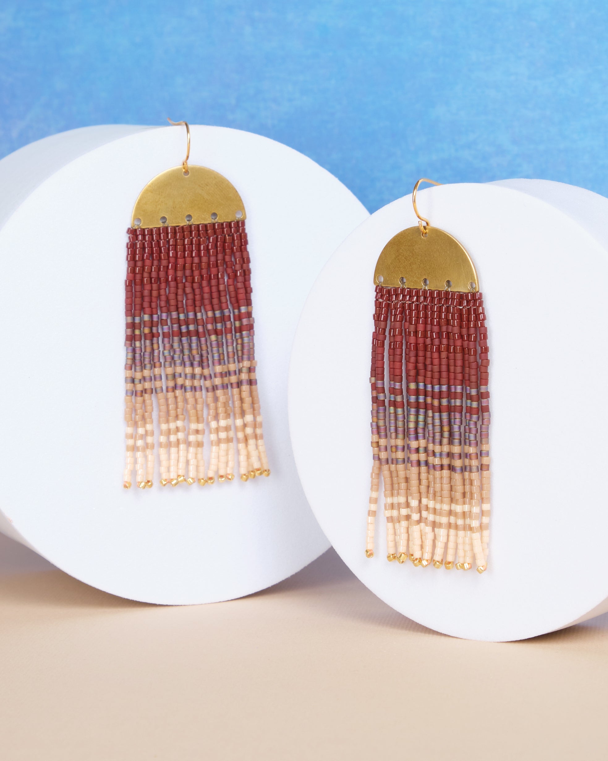 Beaded Handwoven Ombre Fringe Earrings - Brown