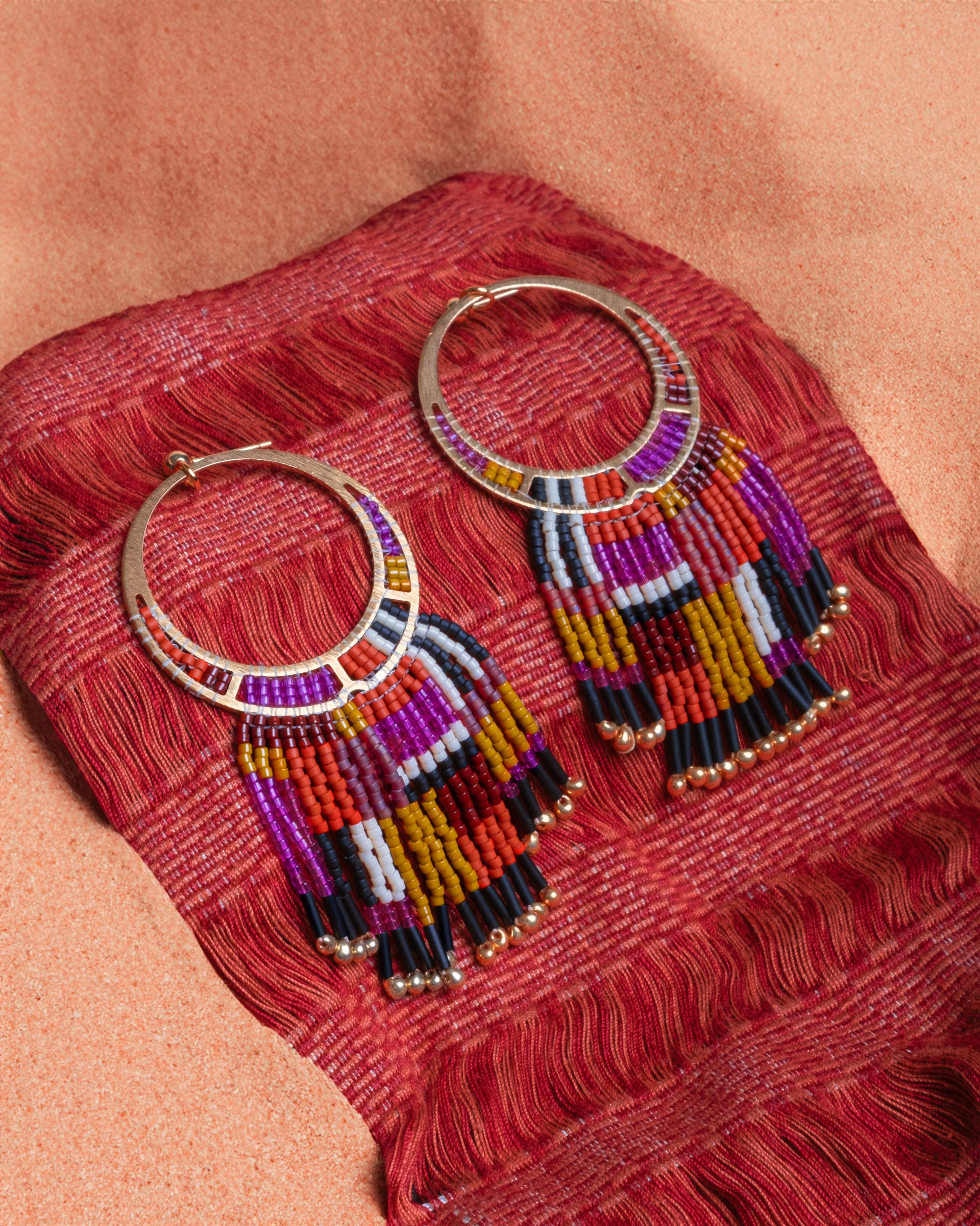 Beaded Handwoven Painted Desert Fringe Earrings - Magenta/Orange
