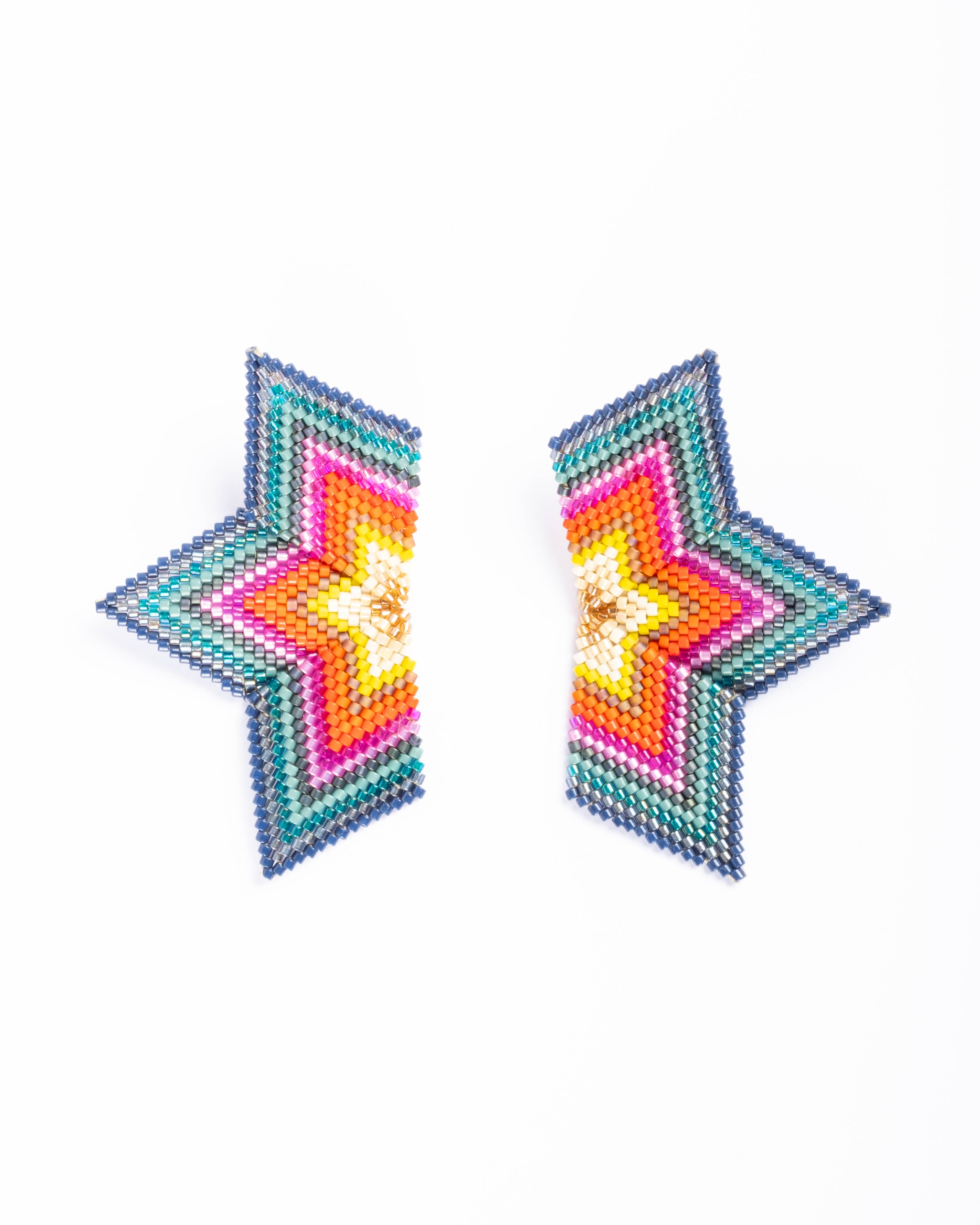 Beaded Handwoven Large Half Star Earrings - Emerald/Red