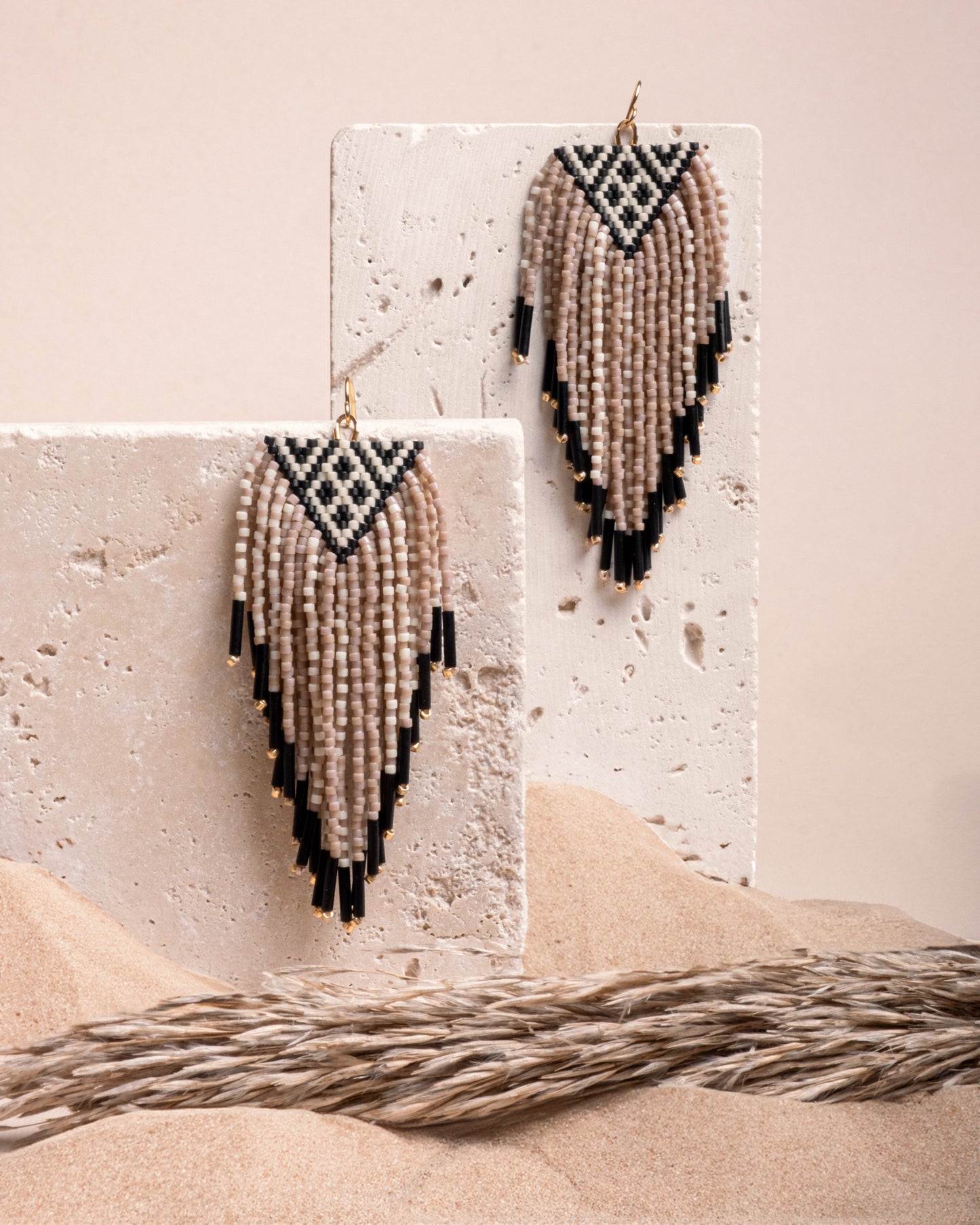 Beaded Handwoven Sonoran Triangle Fringe Earrings