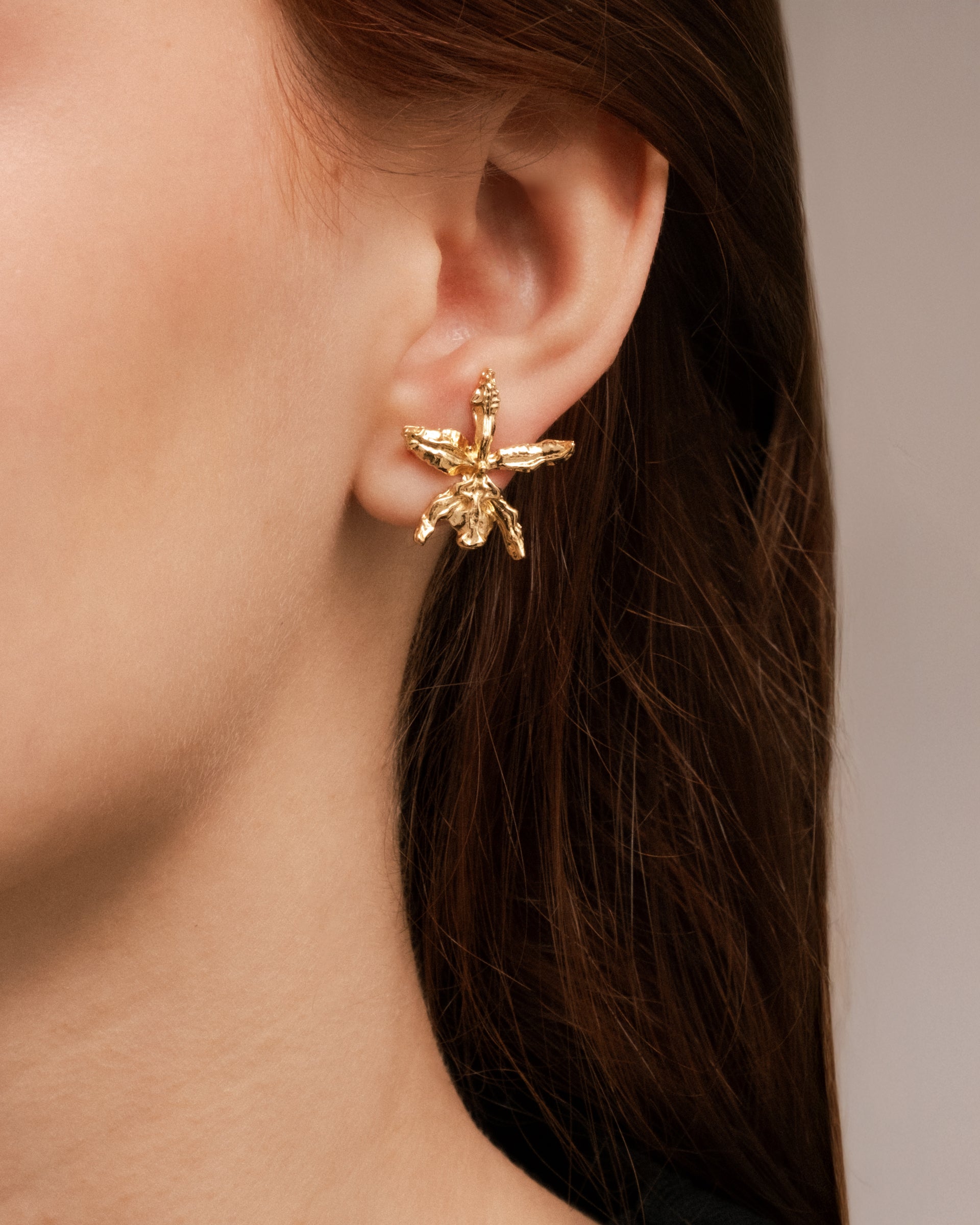Gold Orchid Flower Stud Earrings