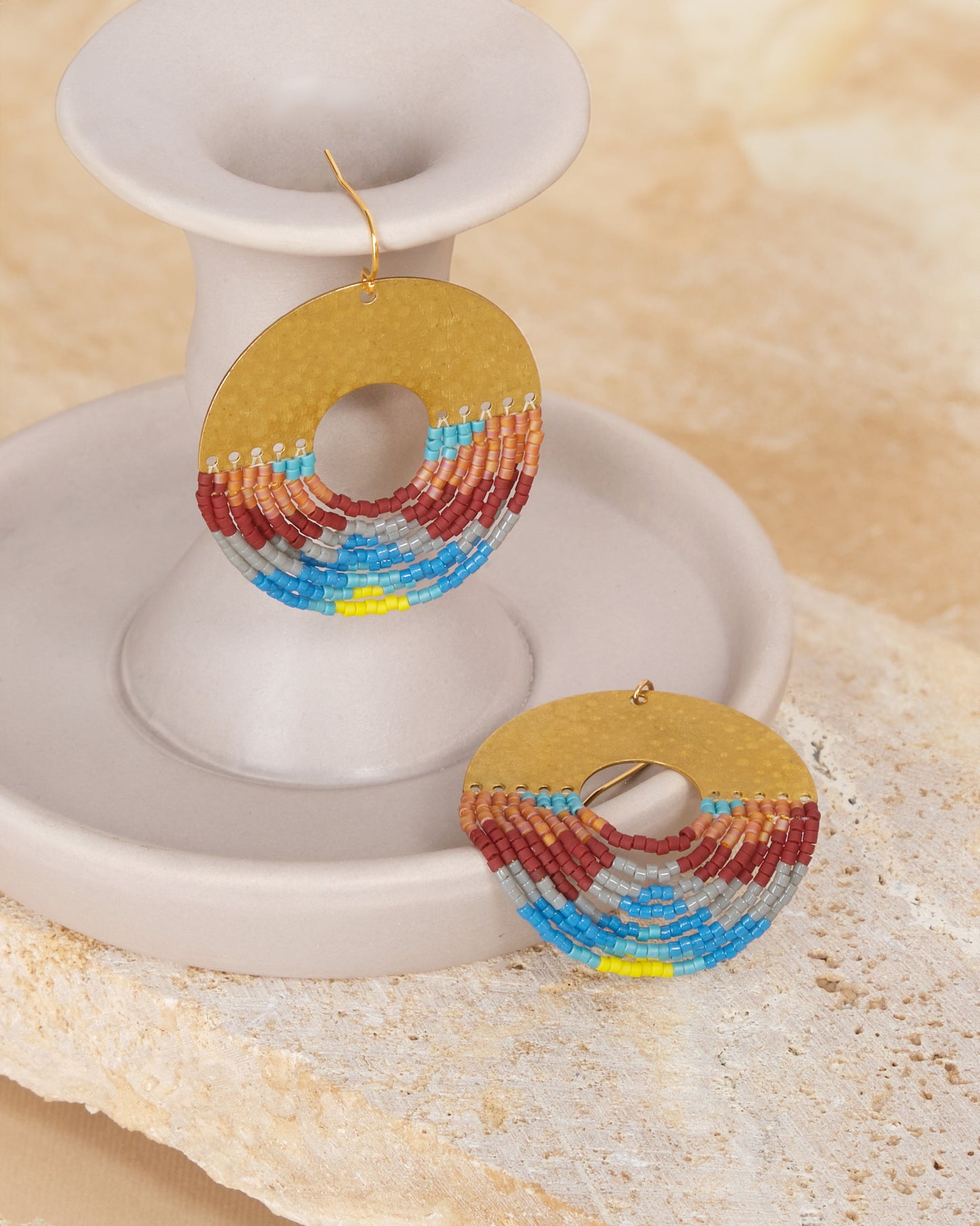 Beaded Handwoven Organic Circular Fringe Earrings