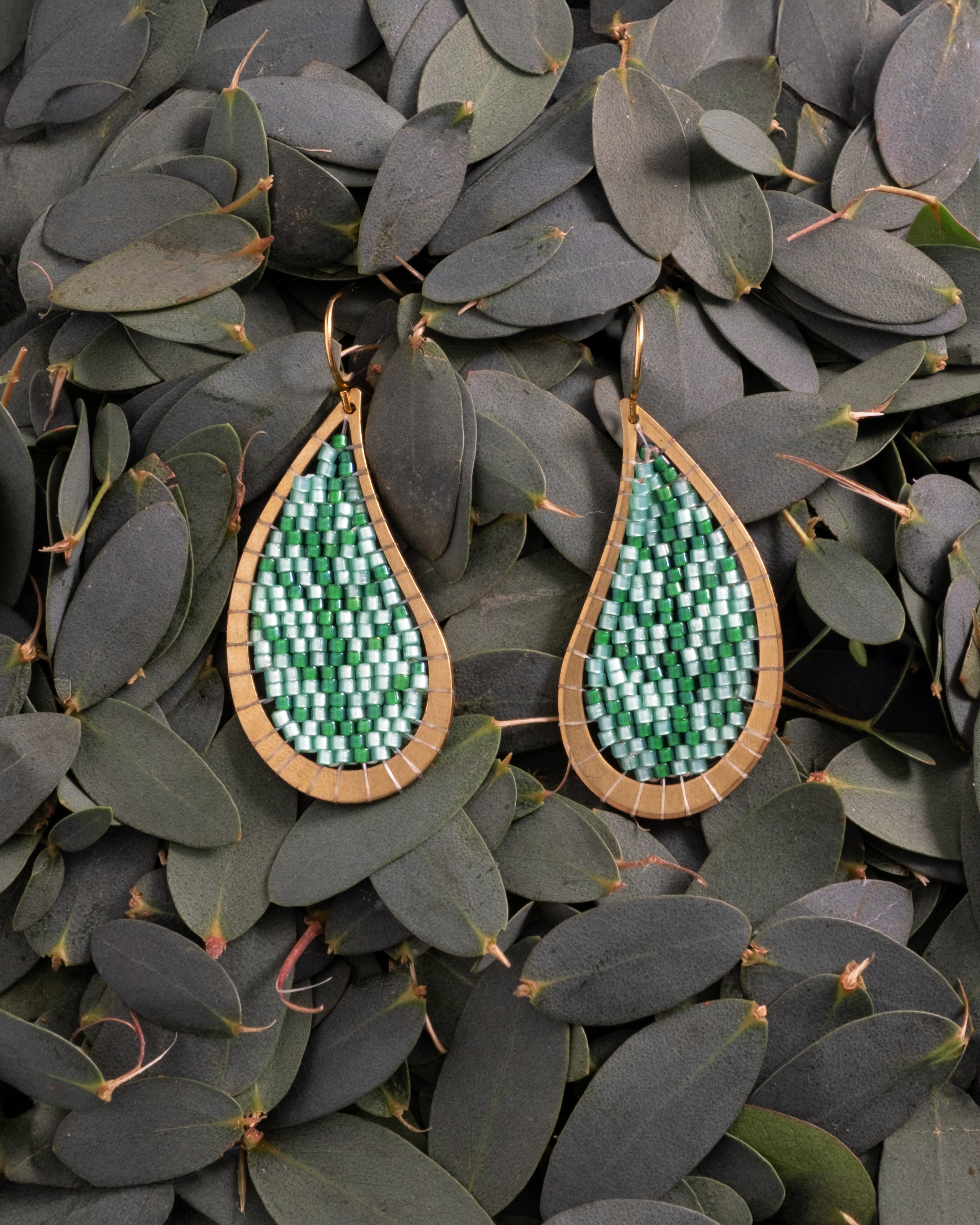 Beaded Handwoven Brass Framed Leaf Earrings - Green
