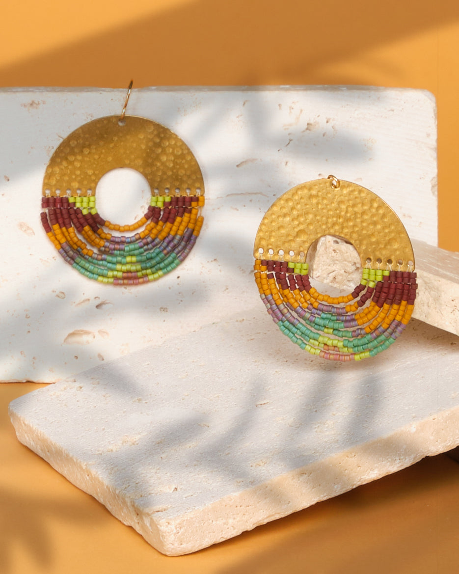 Beaded Handwoven Organic Circular Fringe Earrings