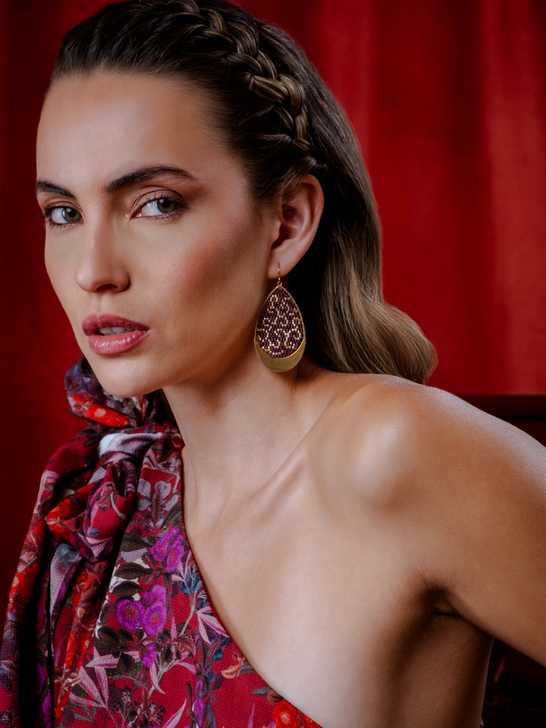 Beaded Handwoven Gilded Teardrop Earrings - Rust