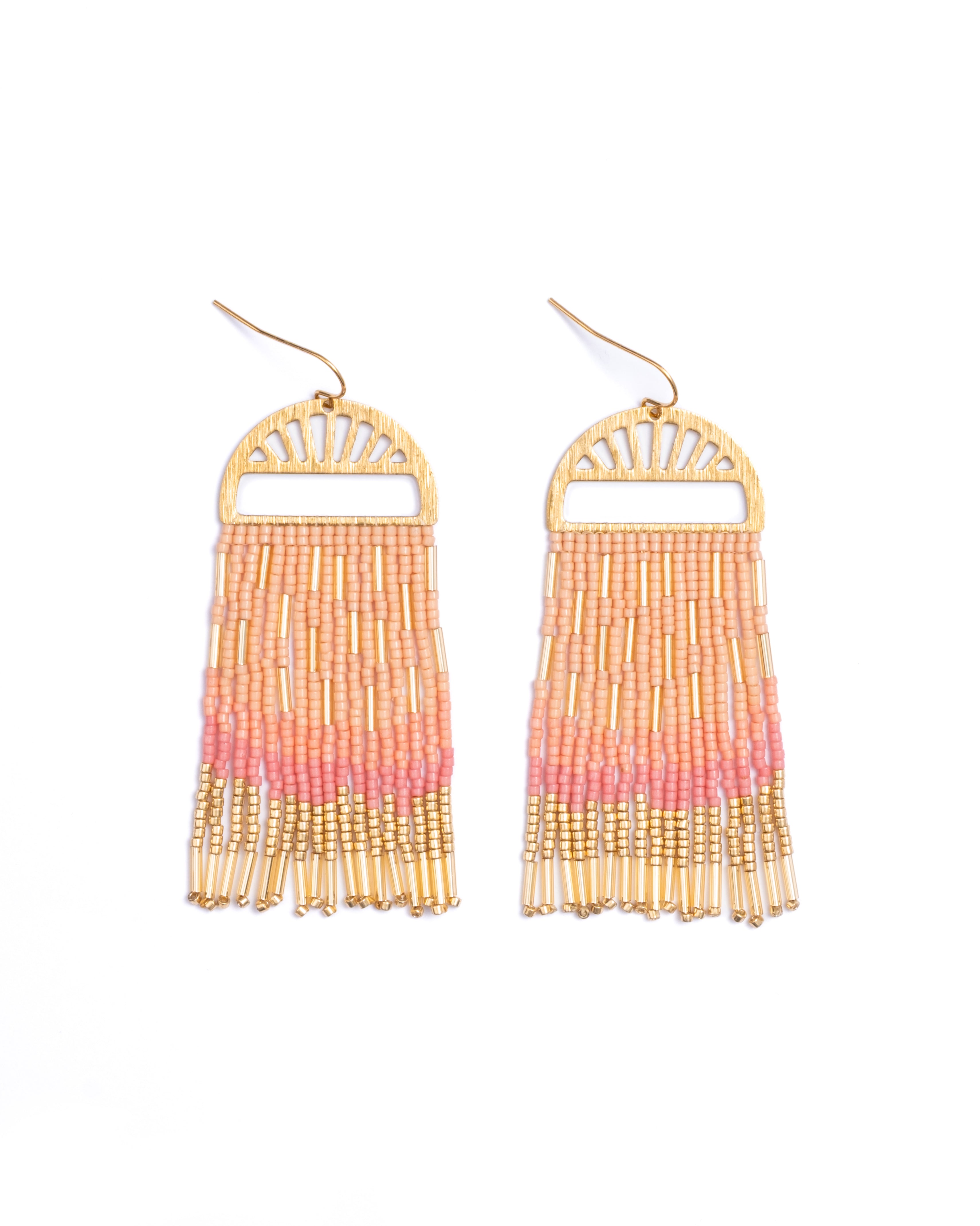 Beaded Handwoven Sprinkle Fringe Earrings - Peach
