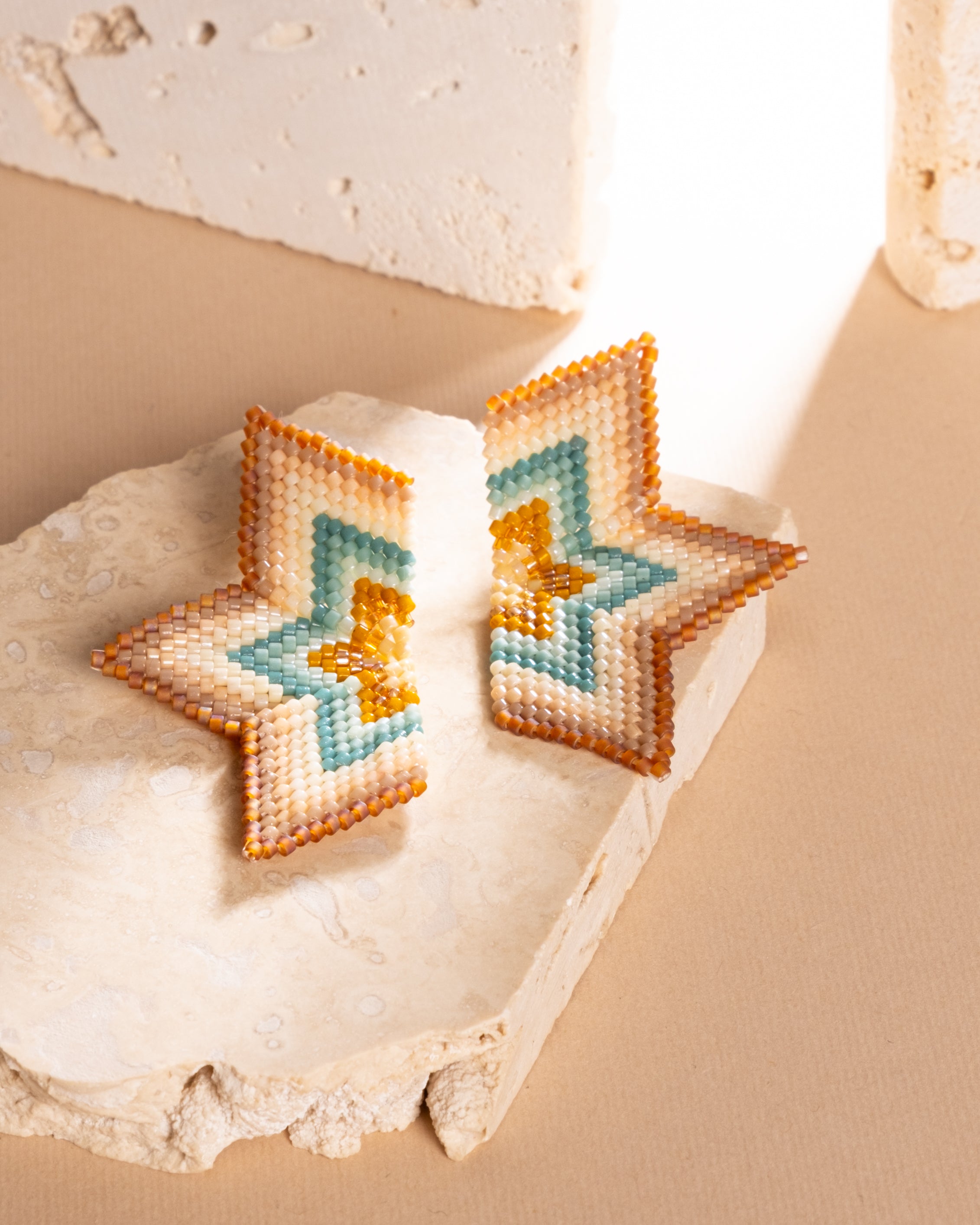 Beaded Handwoven Medium Half Star Earrings - Cream/Aqua