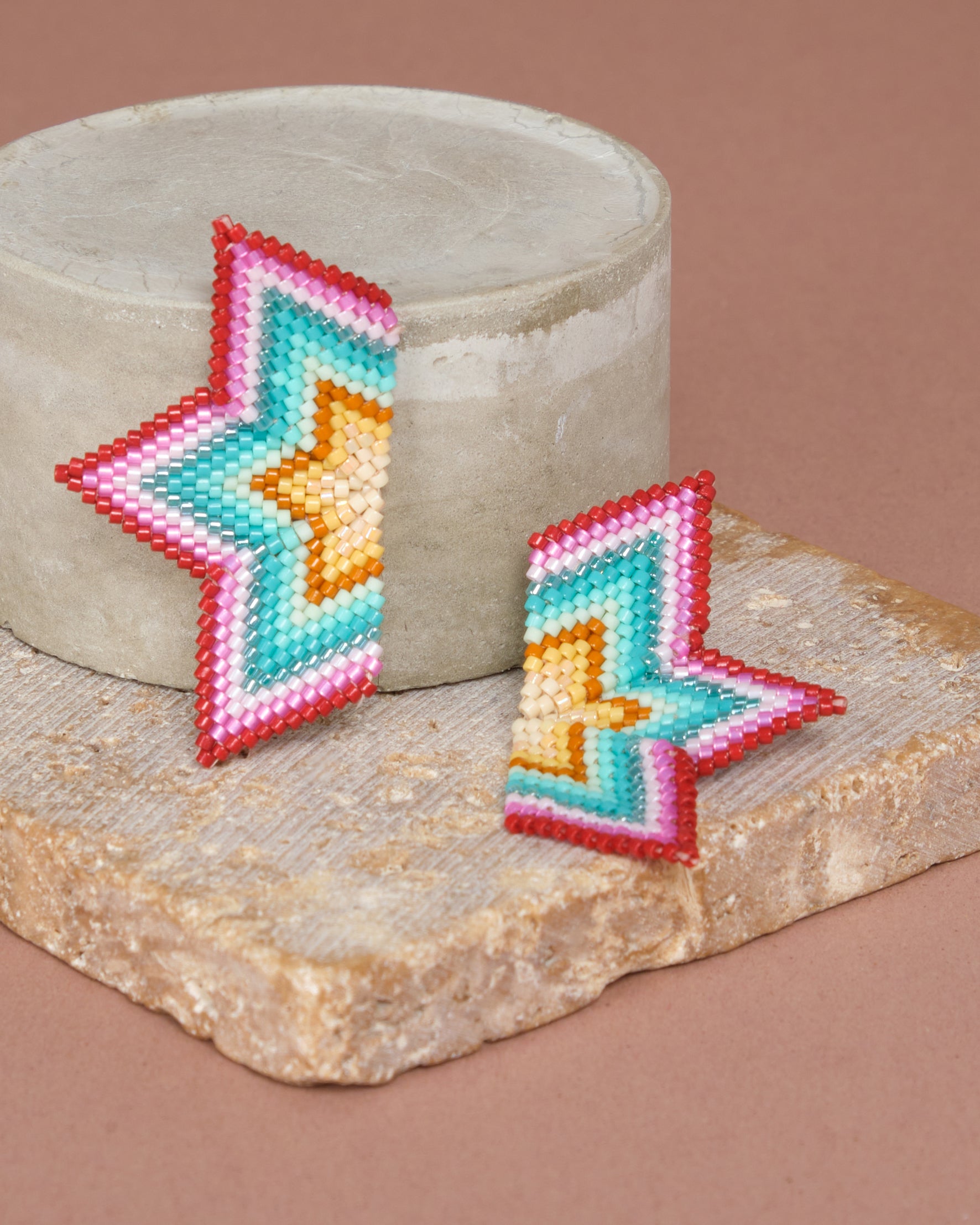 Beaded Handwoven Medium Half Star Earrings - Aqua/Purple