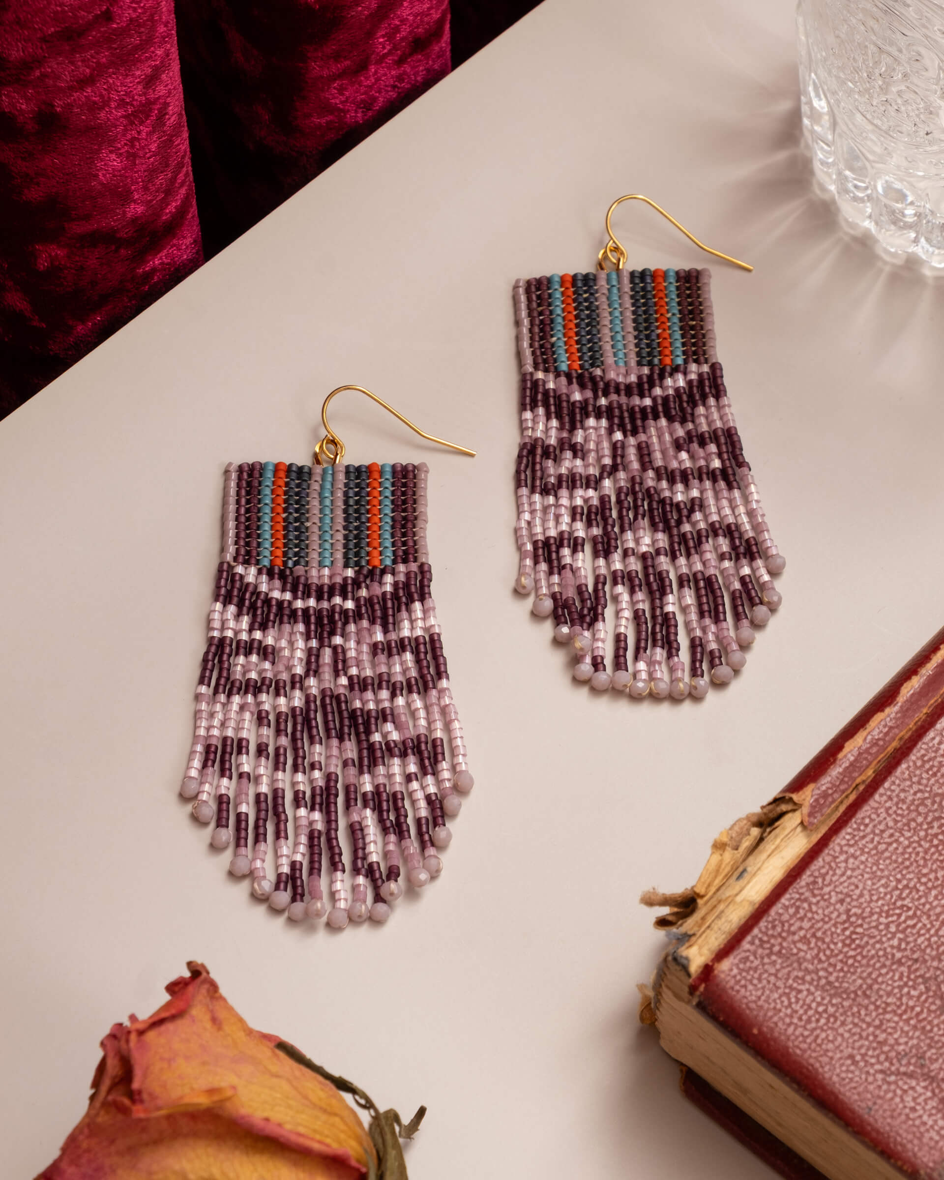Beaded Handwoven Damask Fringe Earrings - Lilac