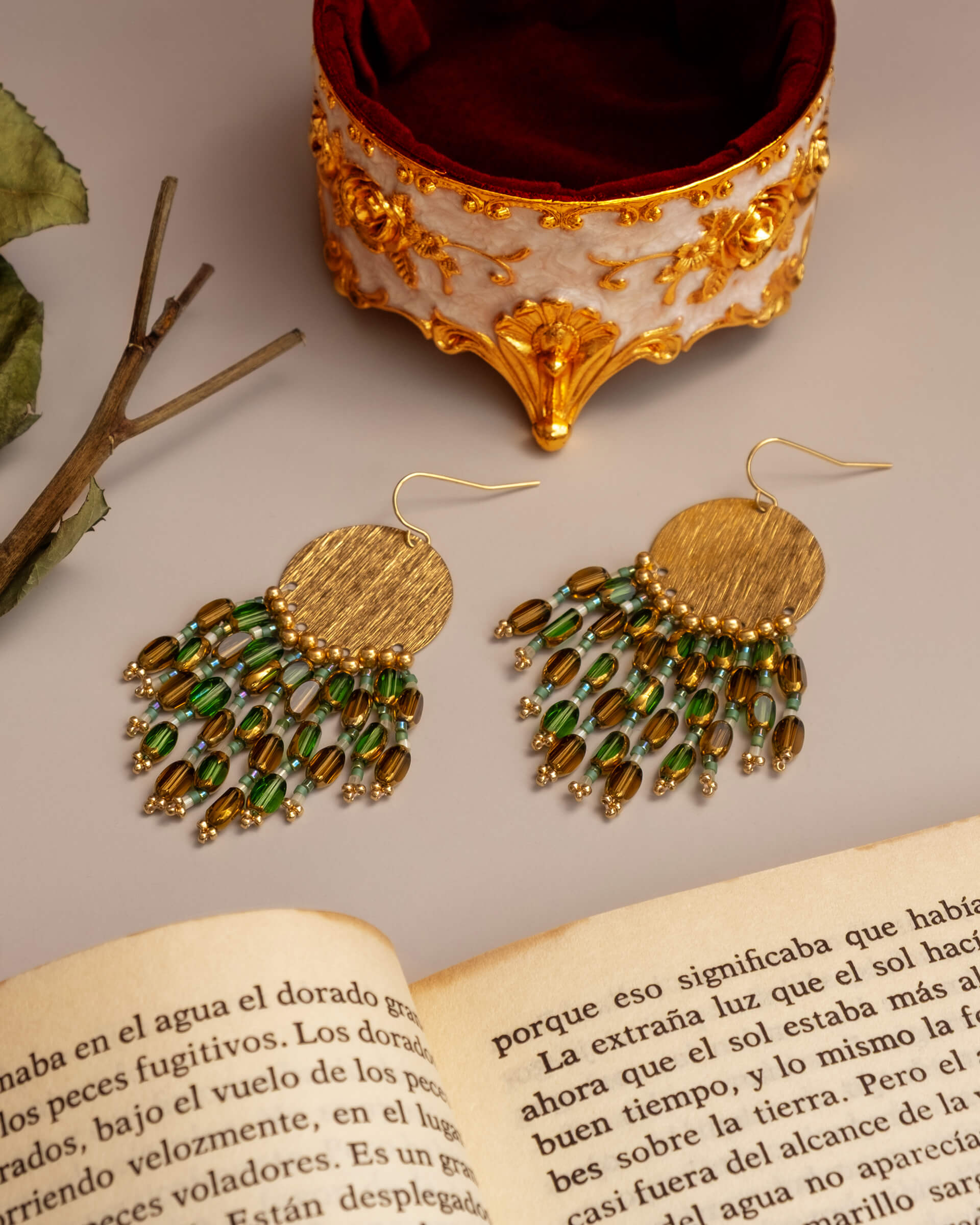 Beaded Handwoven Chandelier Earrings - Olive