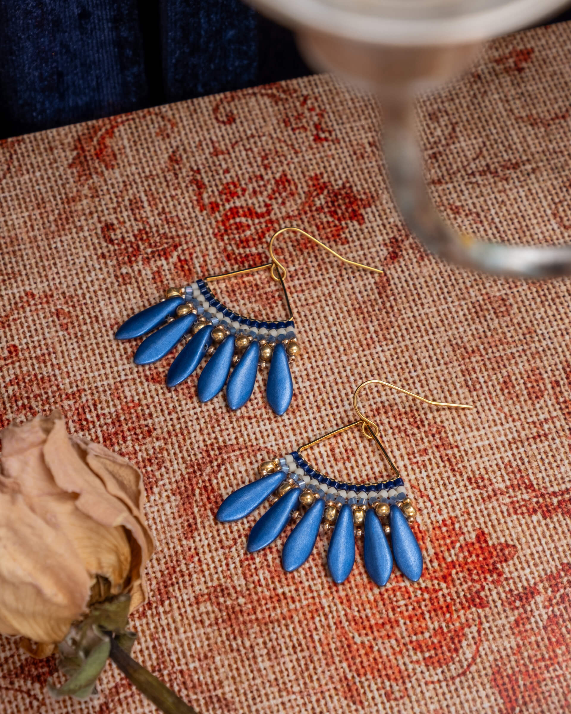 Beaded Handwoven Heirloom Fan Drop Earrings - Blue