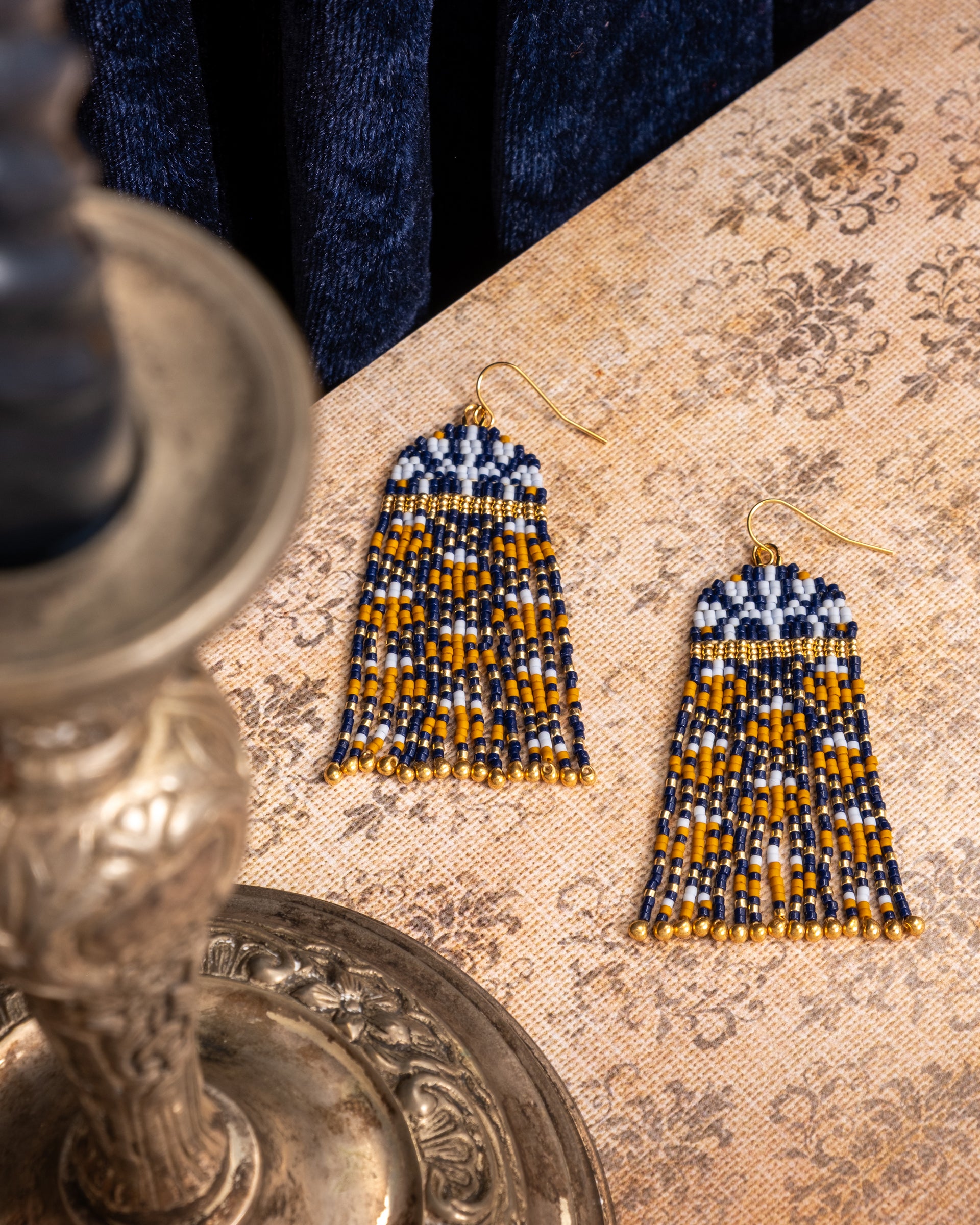 Beaded Handwoven Brocade Garden Earrings - Blue/Mustard
