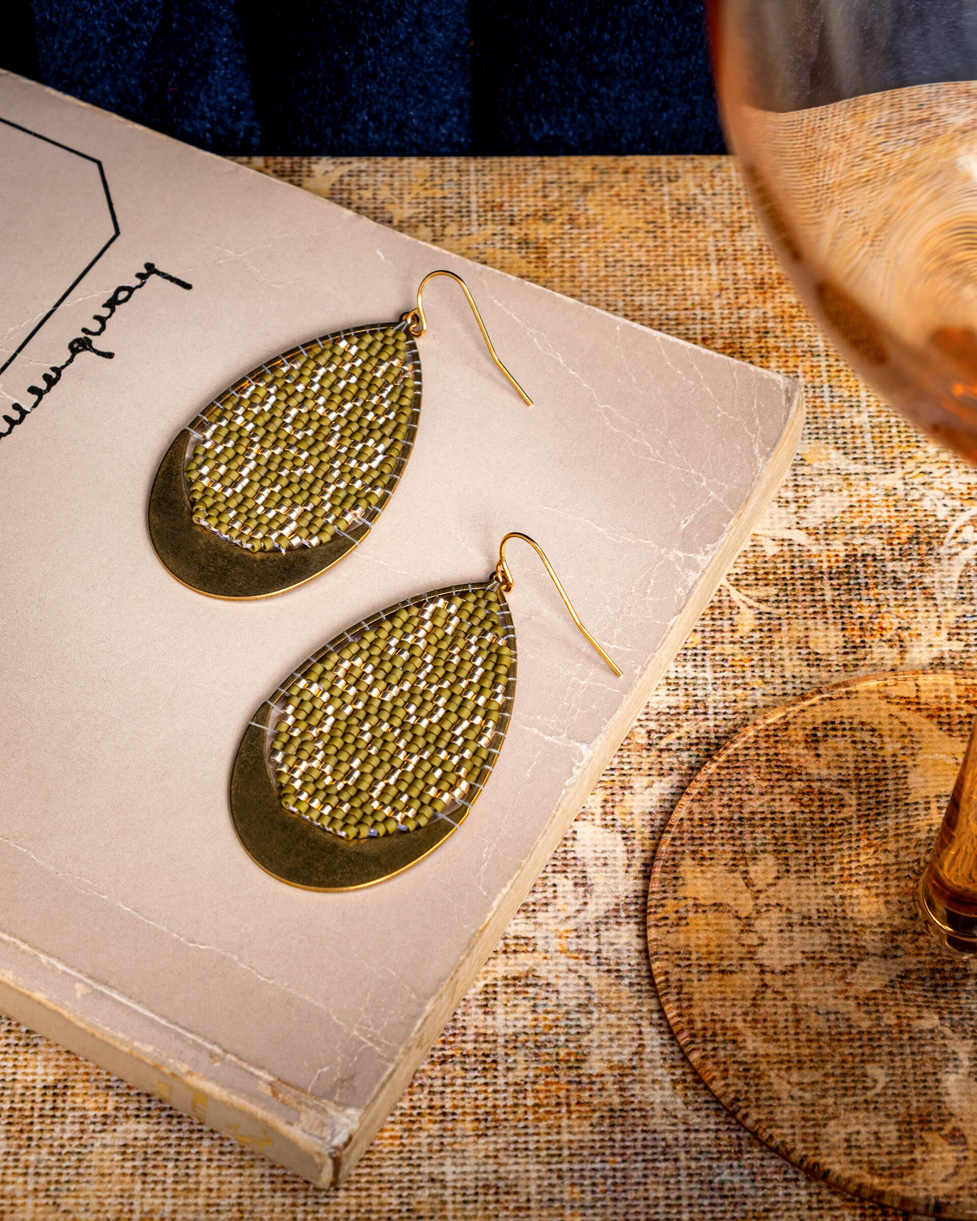 Beaded Handwoven Gilded Teardrop Earrings -Olive