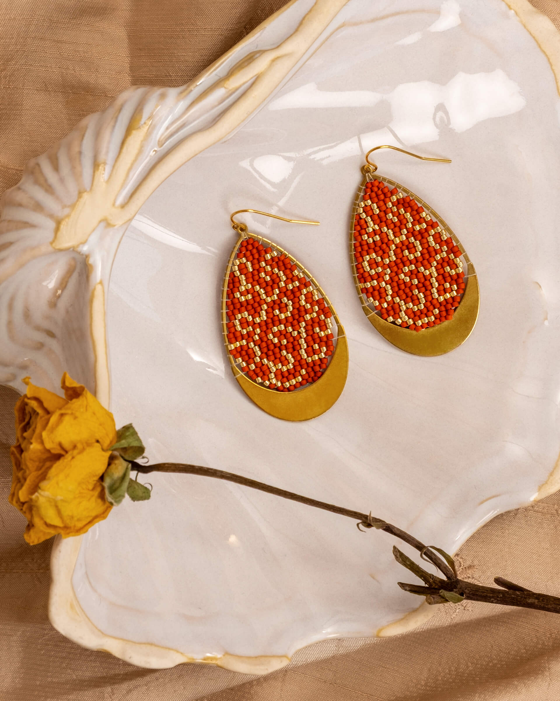 Beaded Handwoven Gilded Teardrop Earrings - Rust
