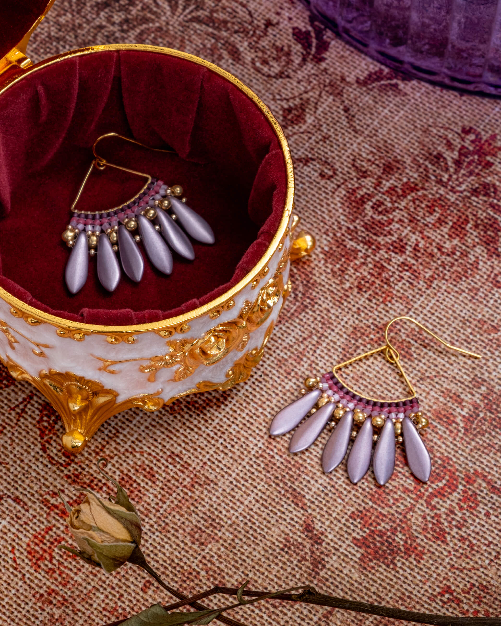 Beaded Handwoven Heirloom Fan Drop Earrings - Lilac