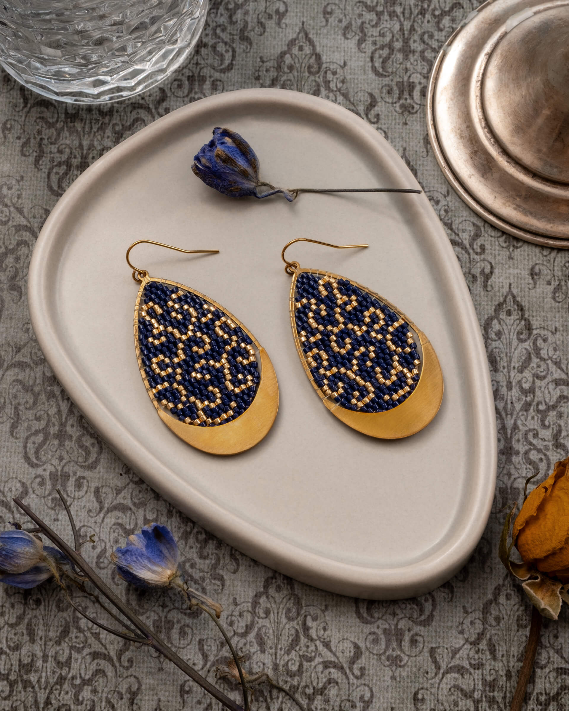Beaded Handwoven Gilded Teardrop Earrings - Blue