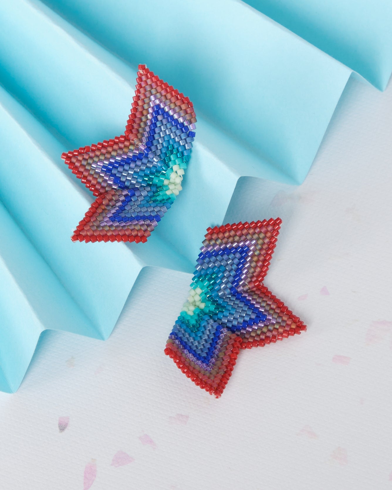Beaded Handwoven Medium Half Star Earrings - Jewel Tones