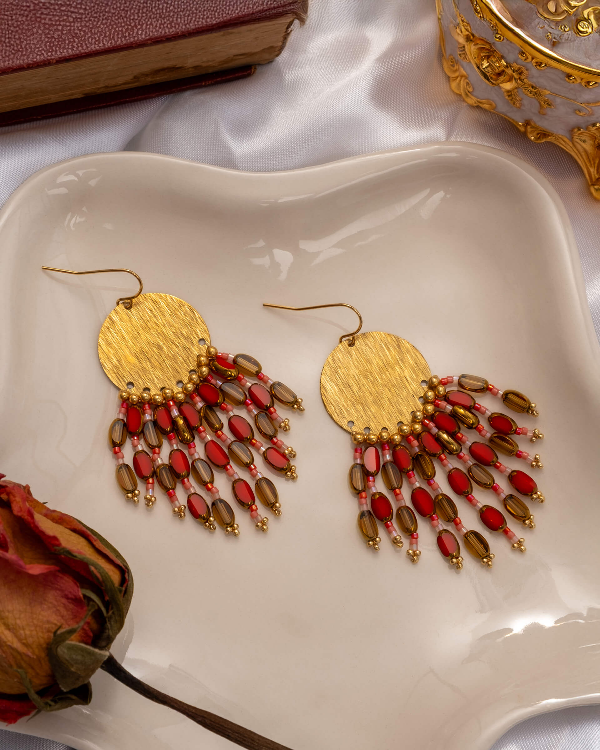 Beaded Handwoven Chandelier Earrings - Red