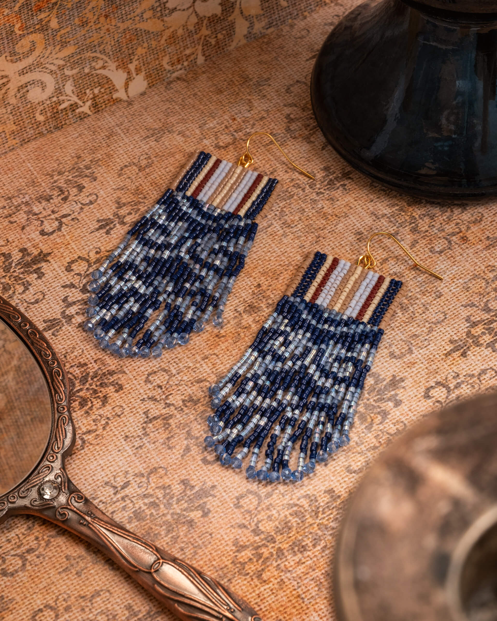 Beaded Handwoven Damask Fringe Earrings - Blue