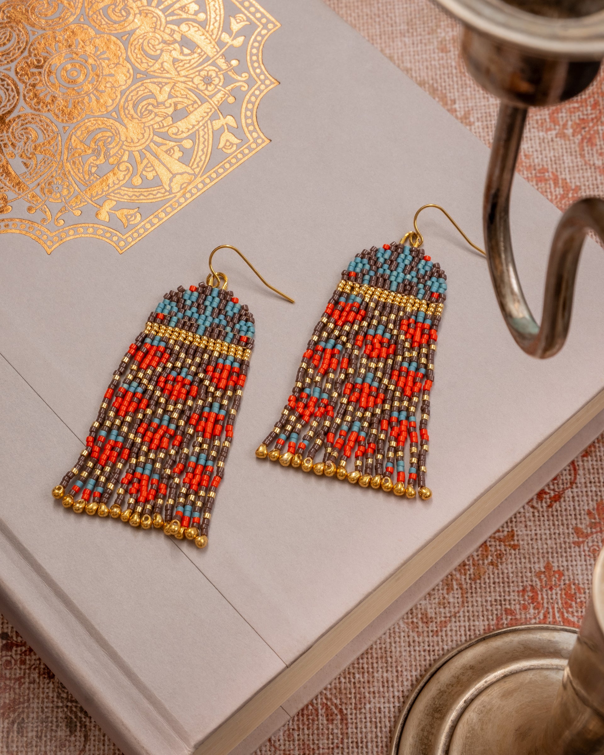 Beaded Handwoven Brocade Garden Earrings - Brown/Red