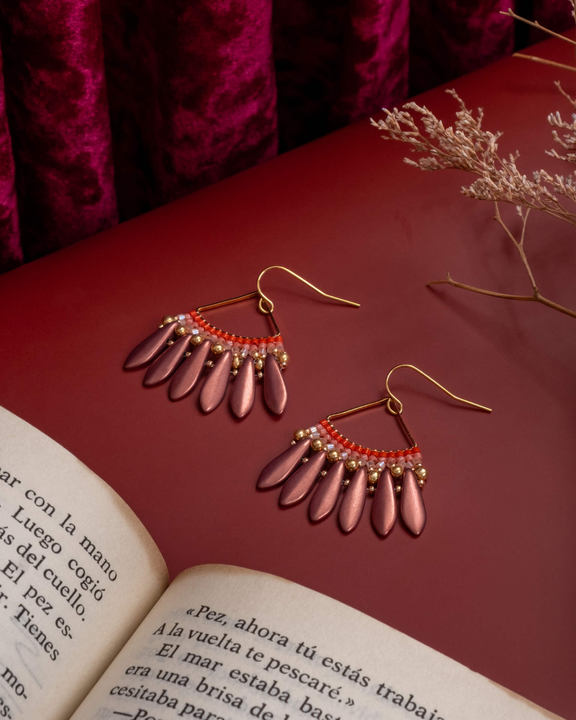 Beaded Handwoven Heirloom Fan Drop Earrings - Red