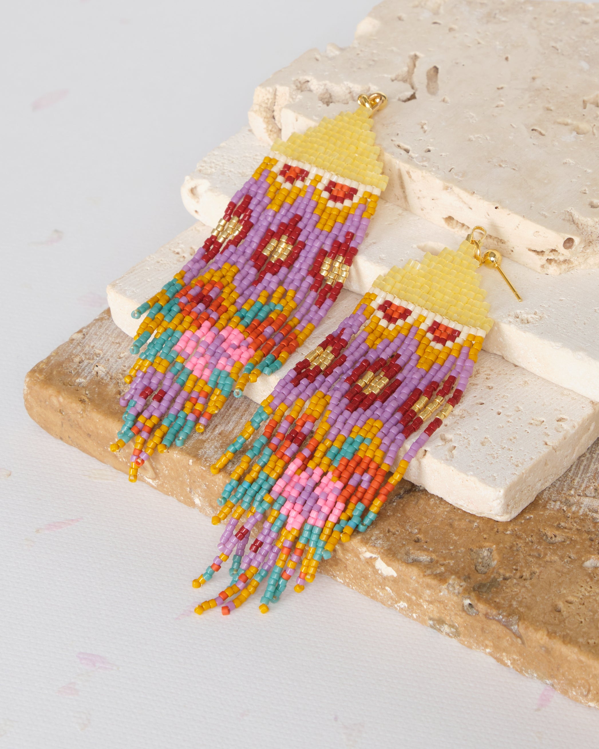 Beaded Handwoven Huipil Fringe Earrings - Warmed Earth
