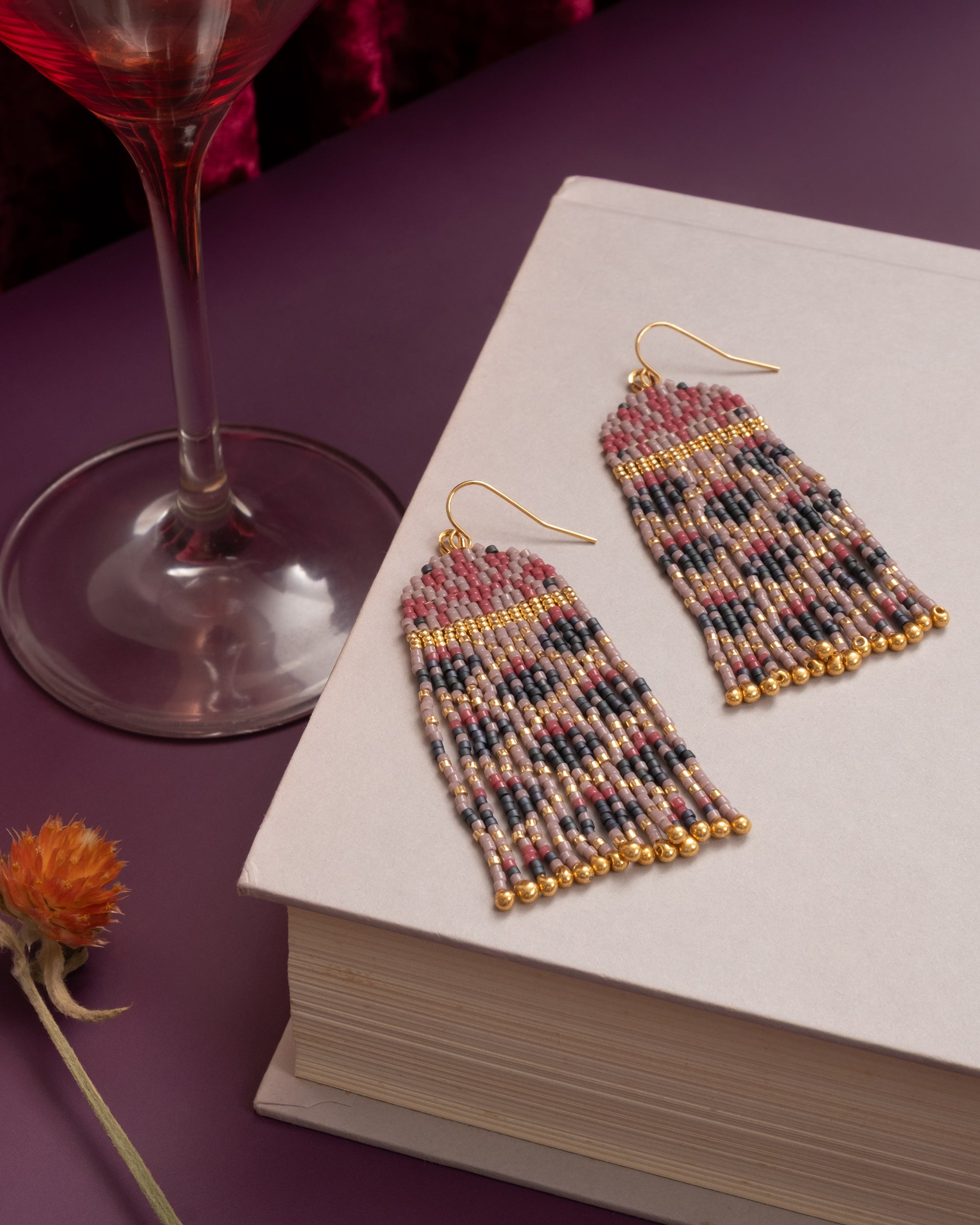 Beaded Handwoven Brocade Garden Earrings - Lilac/Teal