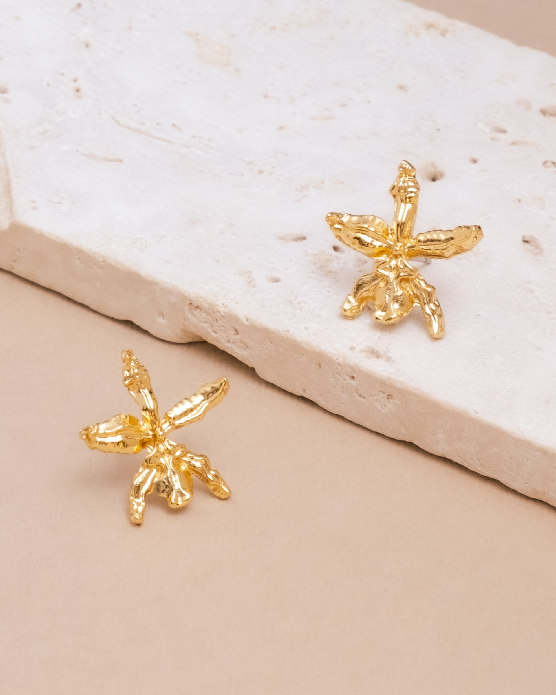 Gold Orchid Flower Stud Earrings