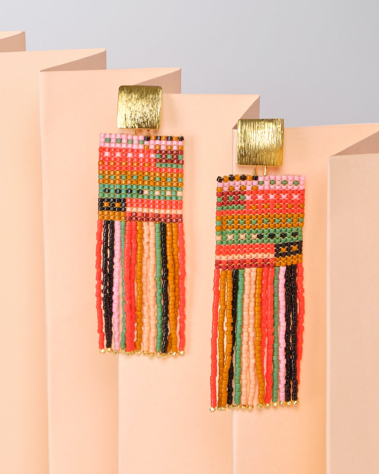 Beaded Handwoven Striped Knit Fringe Earrings