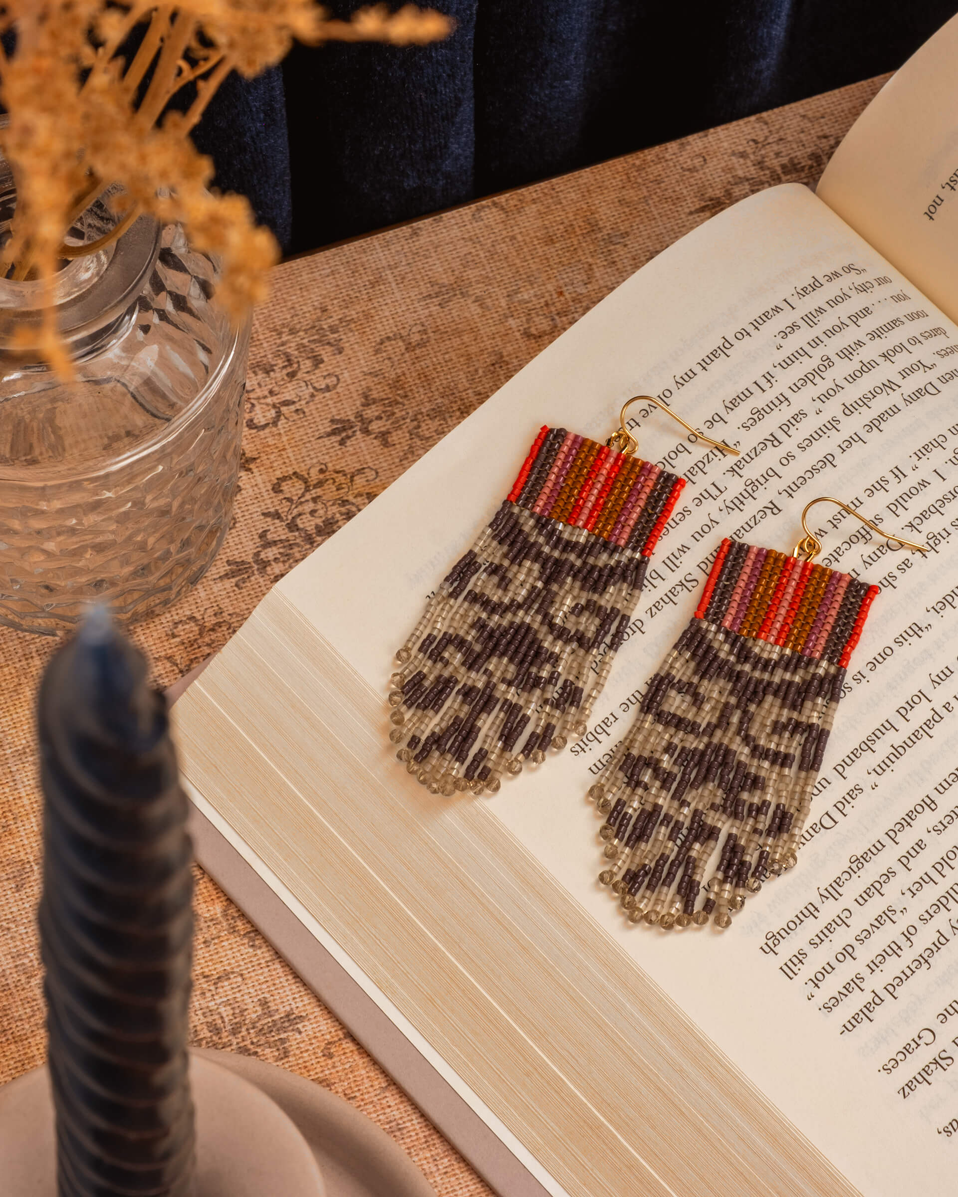 Beaded Handwoven Damask Fringe Earrings - Brown