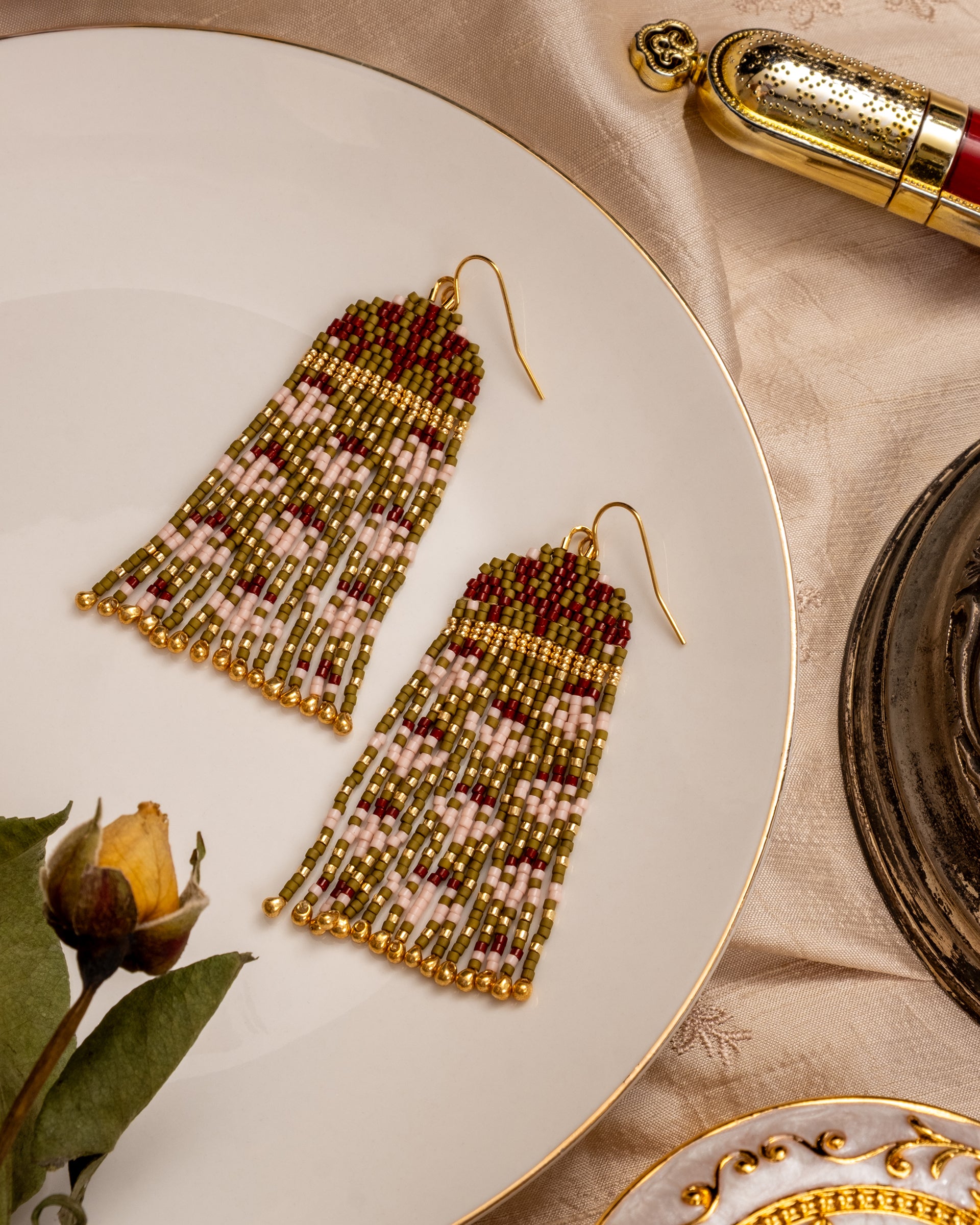 Beaded Handwoven Brocade Garden Earrings - Olive/Pink
