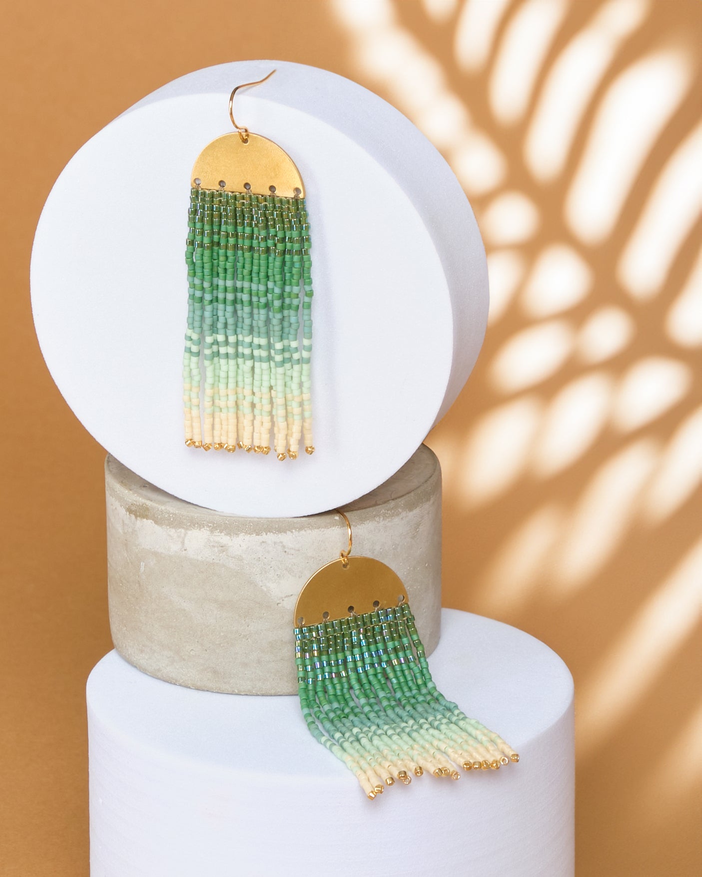 Beaded Handwoven Ombre Fringe Earrings - Green