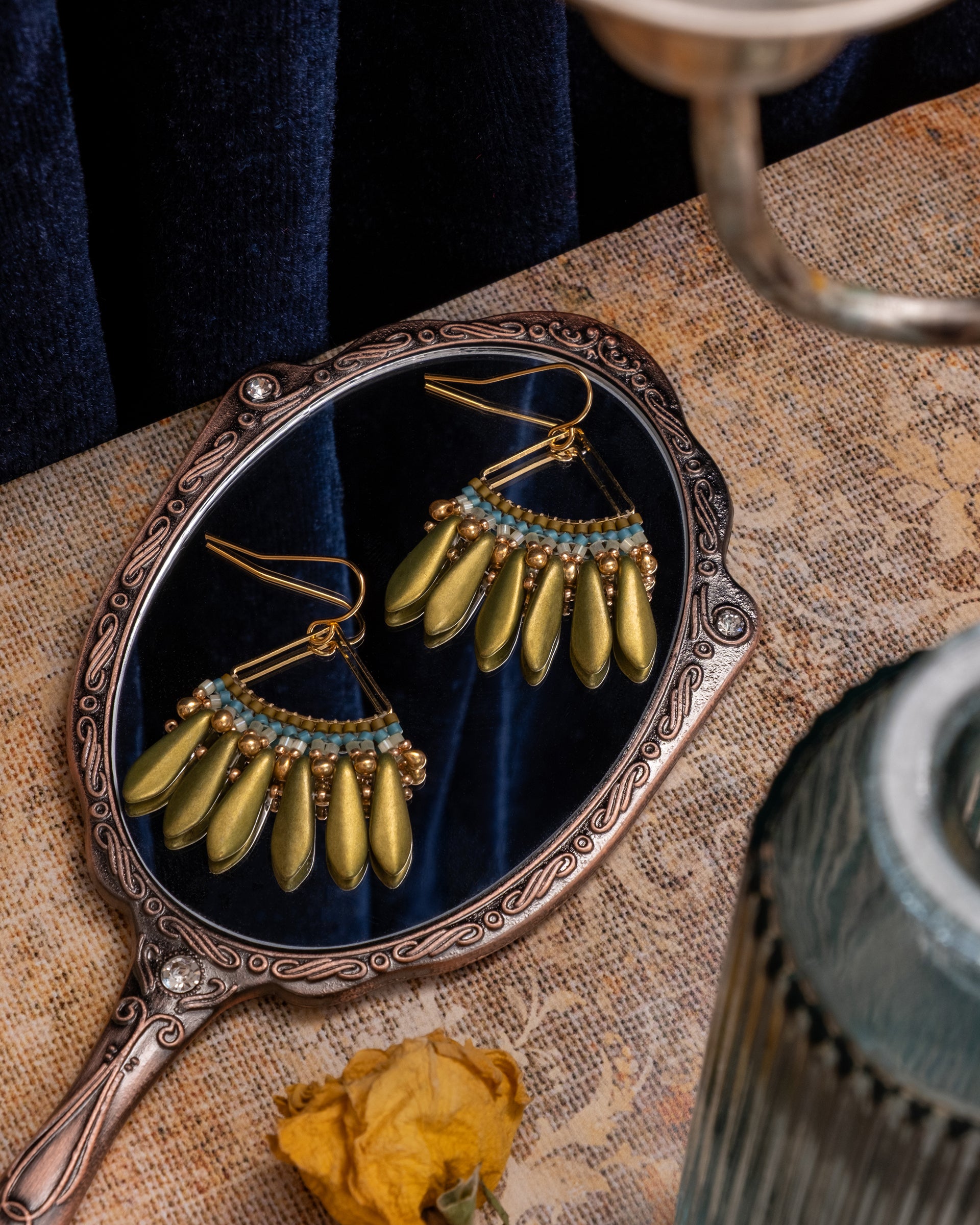 Beaded Handwoven Heirloom Fan Drop Earrings - Olive