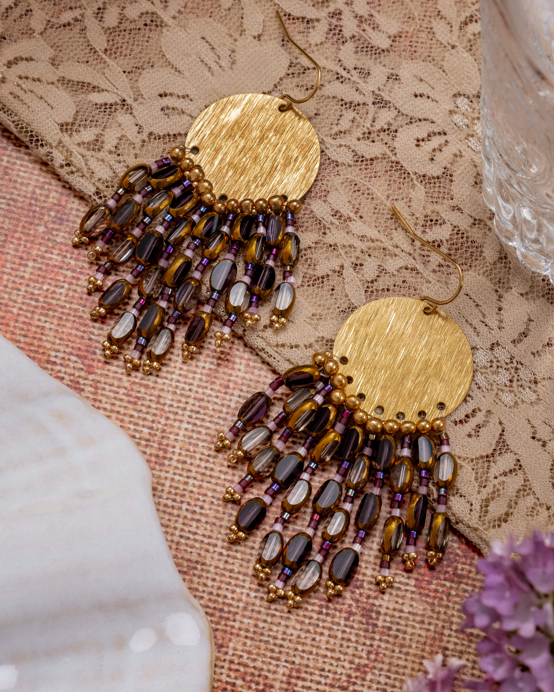 Beaded Handwoven Chandelier Earrings - Violet