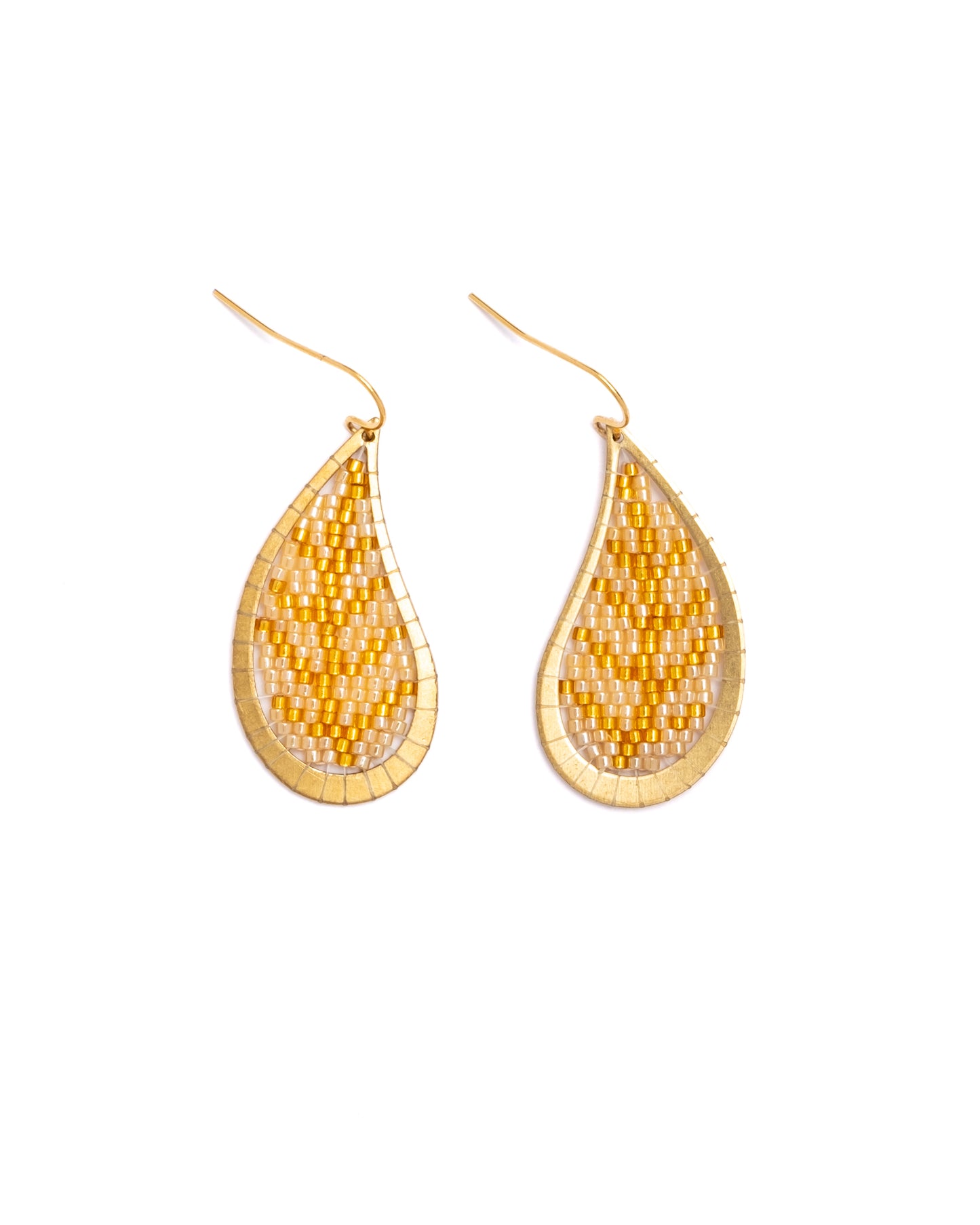 Beaded Handwoven Brass Framed Leaf Earrings