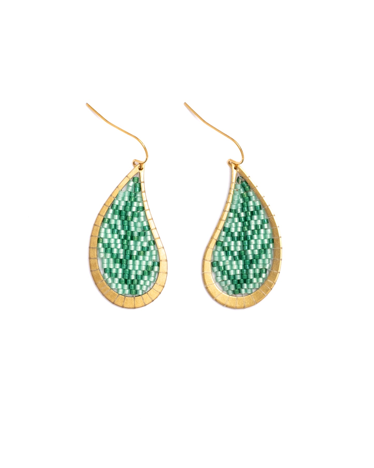 Beaded Handwoven Brass Framed Leaf Earrings