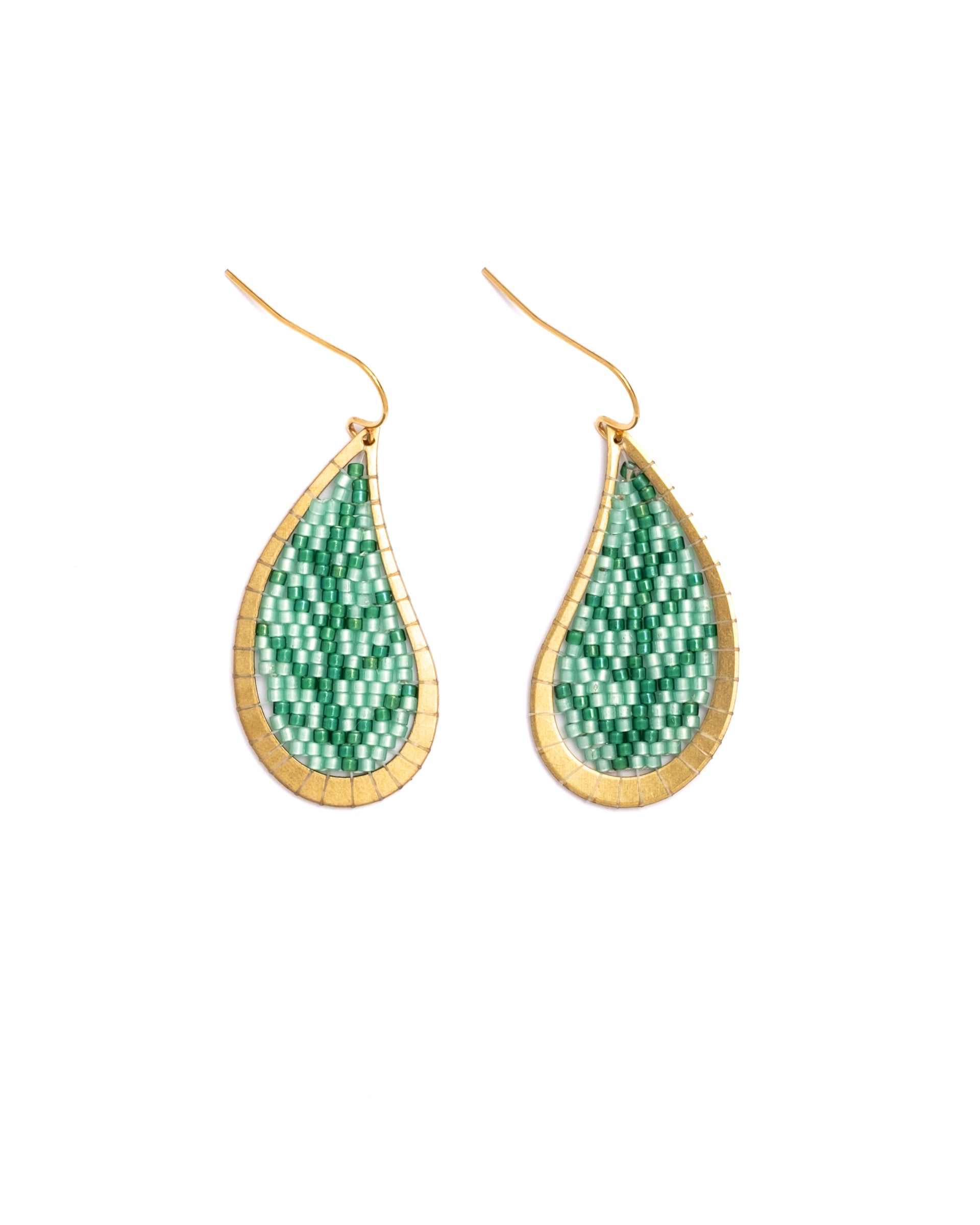 Beaded Handwoven Brass Framed Leaf Earrings - Green