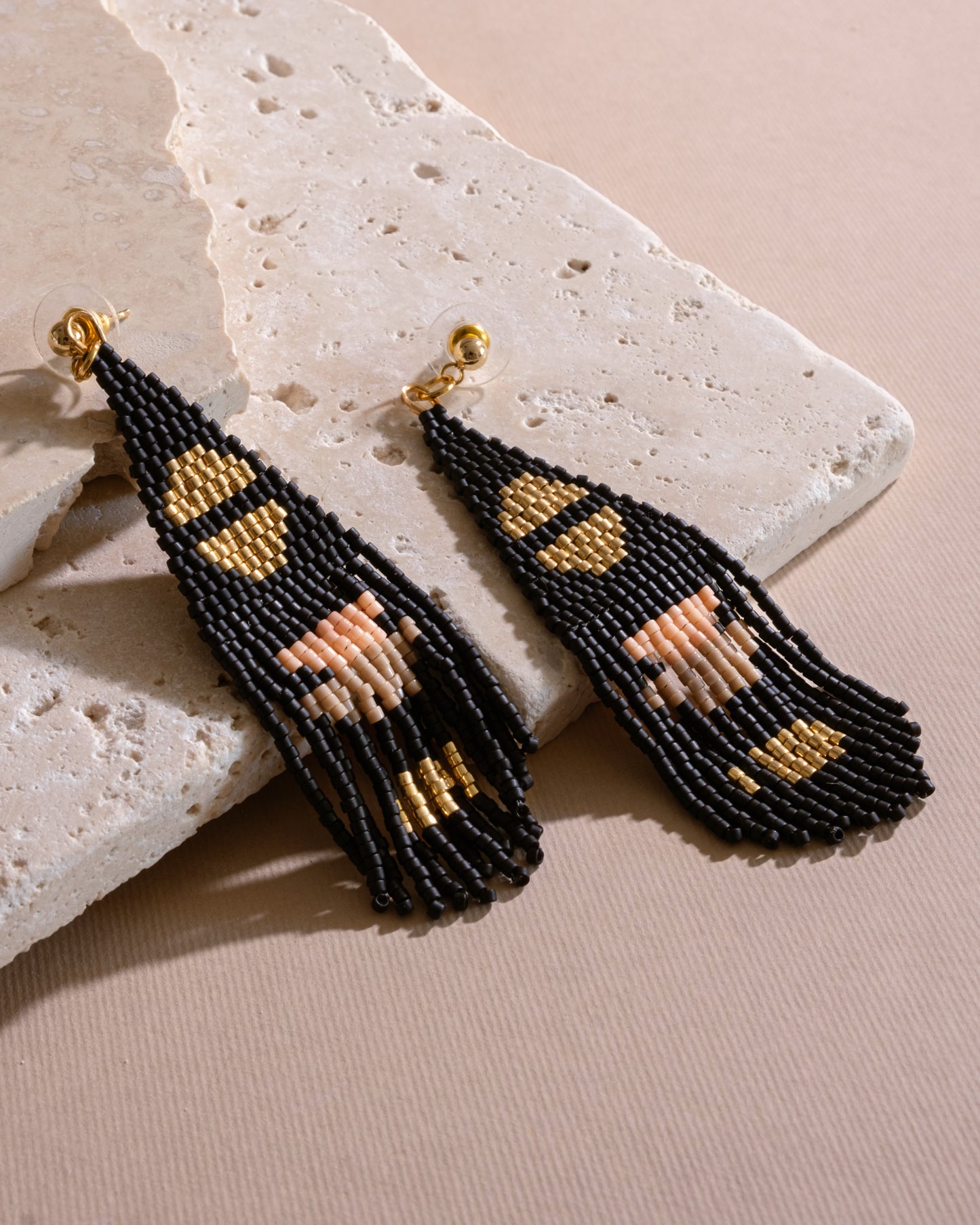 Beaded Handwoven Boho Half Moon Fringe Earrings