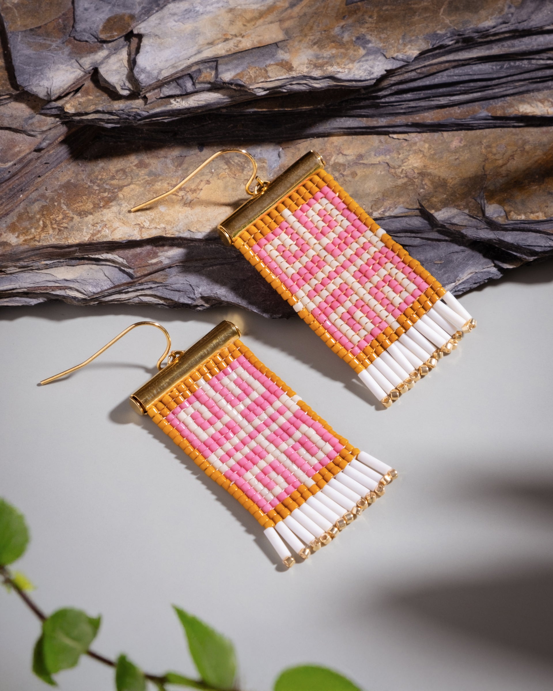 Beaded Handwoven Jungle Labyrinth Earrings - Pink/Mustard