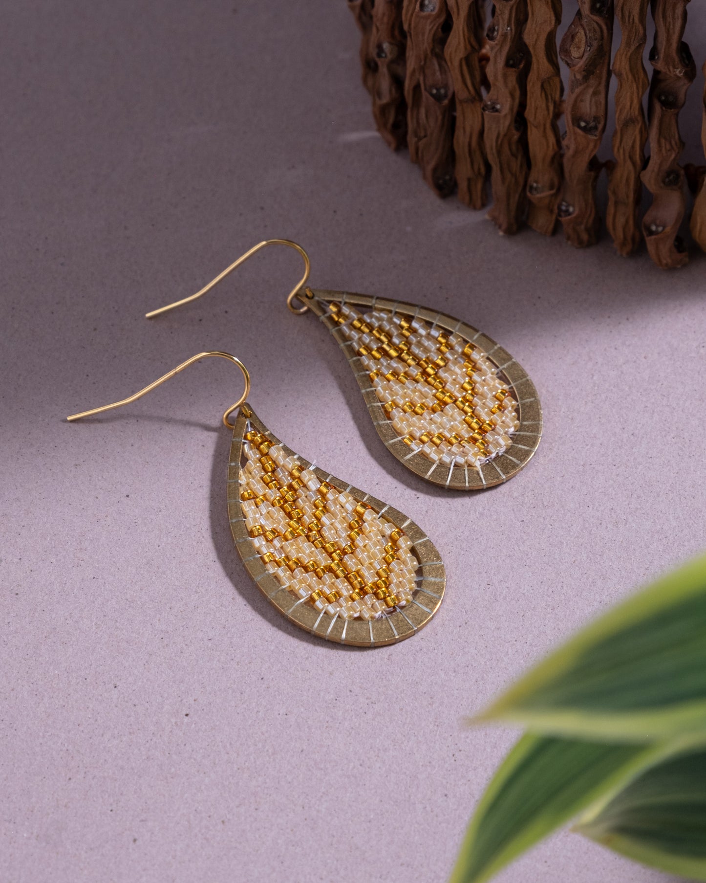 Beaded Handwoven Brass Framed Leaf Earrings