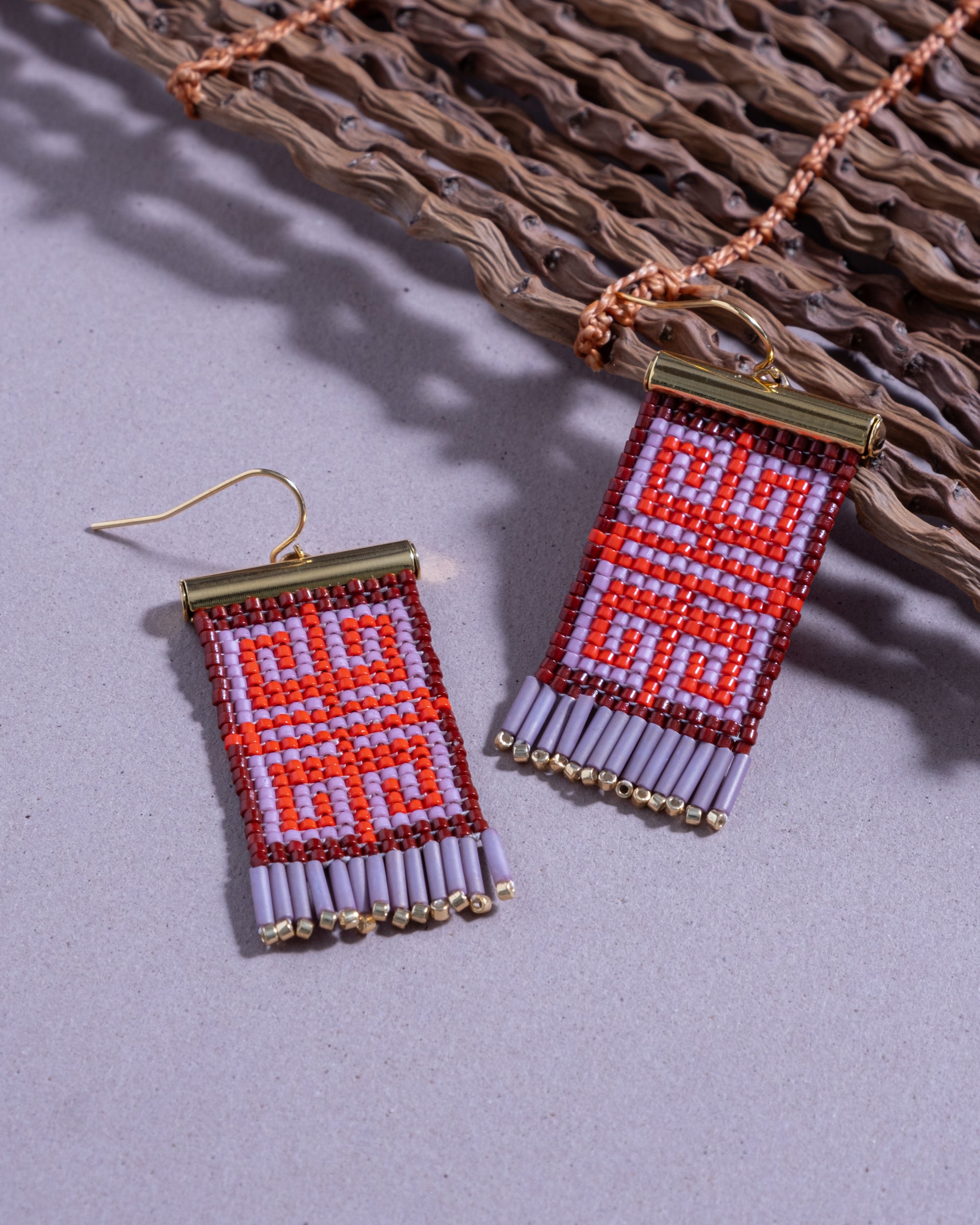 Beaded Handwoven Jungle Labyrinth Earrings- Wine/Red