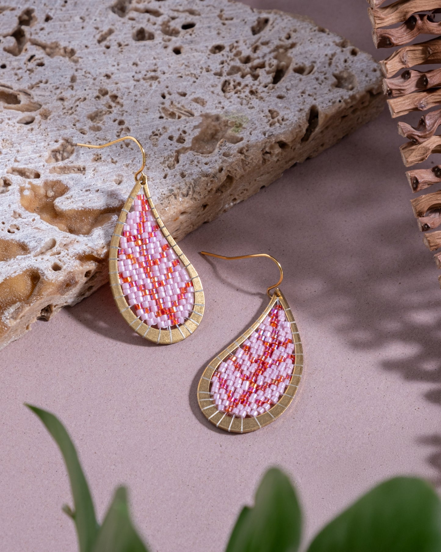 Beaded Handwoven Brass Framed Leaf Earrings