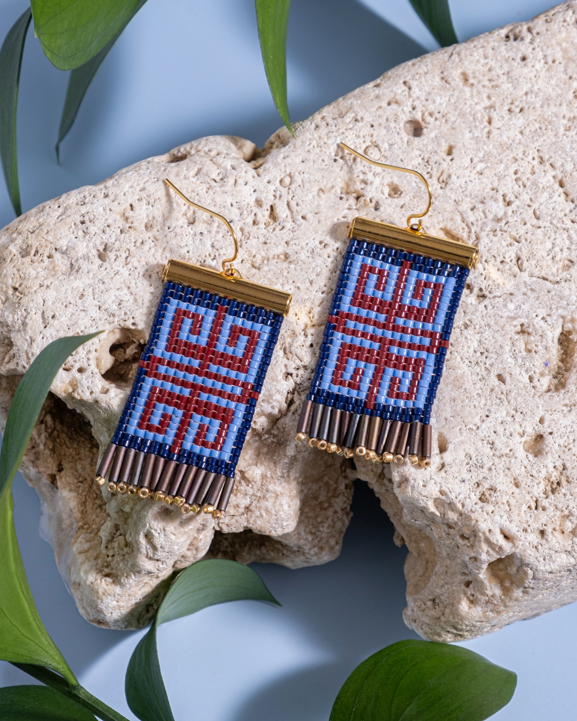 Beaded Handwoven Jungle Labyrinth Earrings (Blue/Brown)