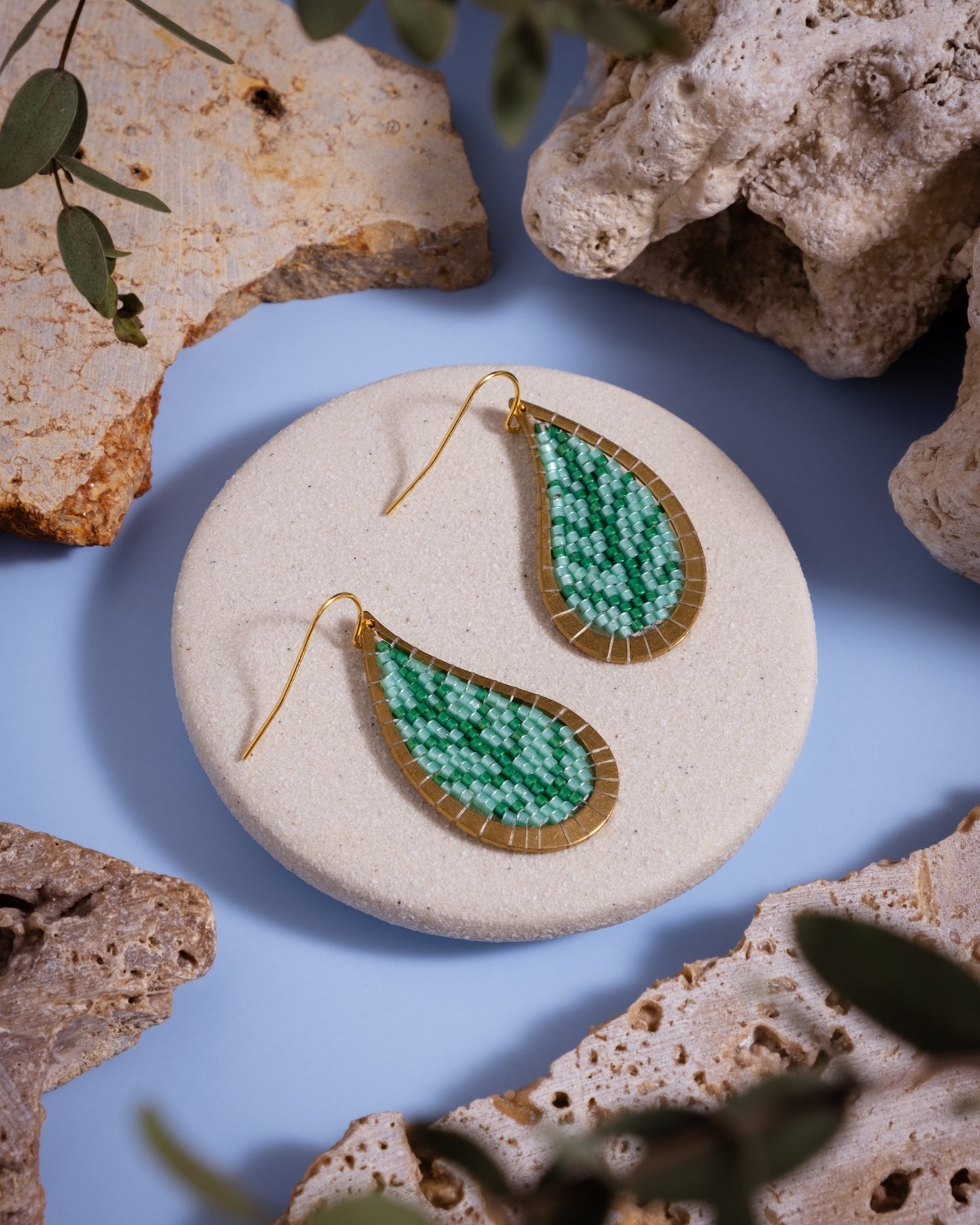 Beaded Handwoven Brass Framed Leaf Earrings