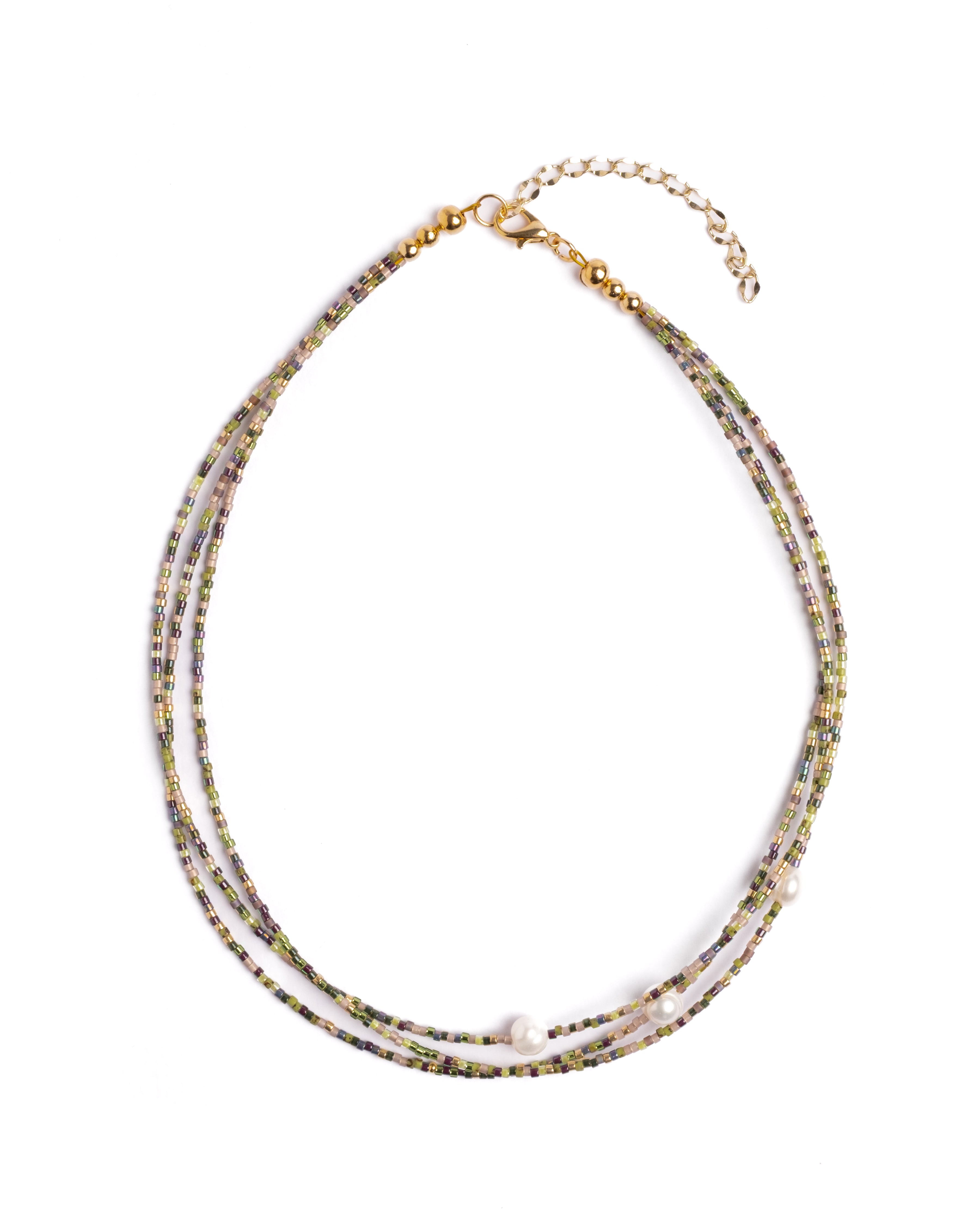 Handwoven Miyuki and Pearl Layering Necklace (Green/Brown)